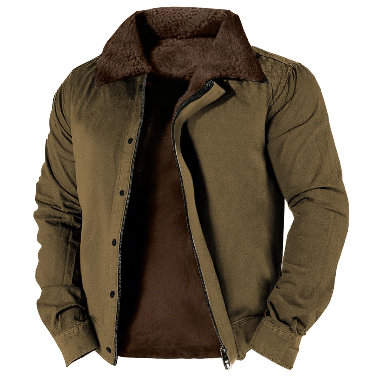 Mens Sherpa Lined Jacket Casual Warm Fleece Lapel Trucker Coat Zip Up Solid Color Winter Outwear