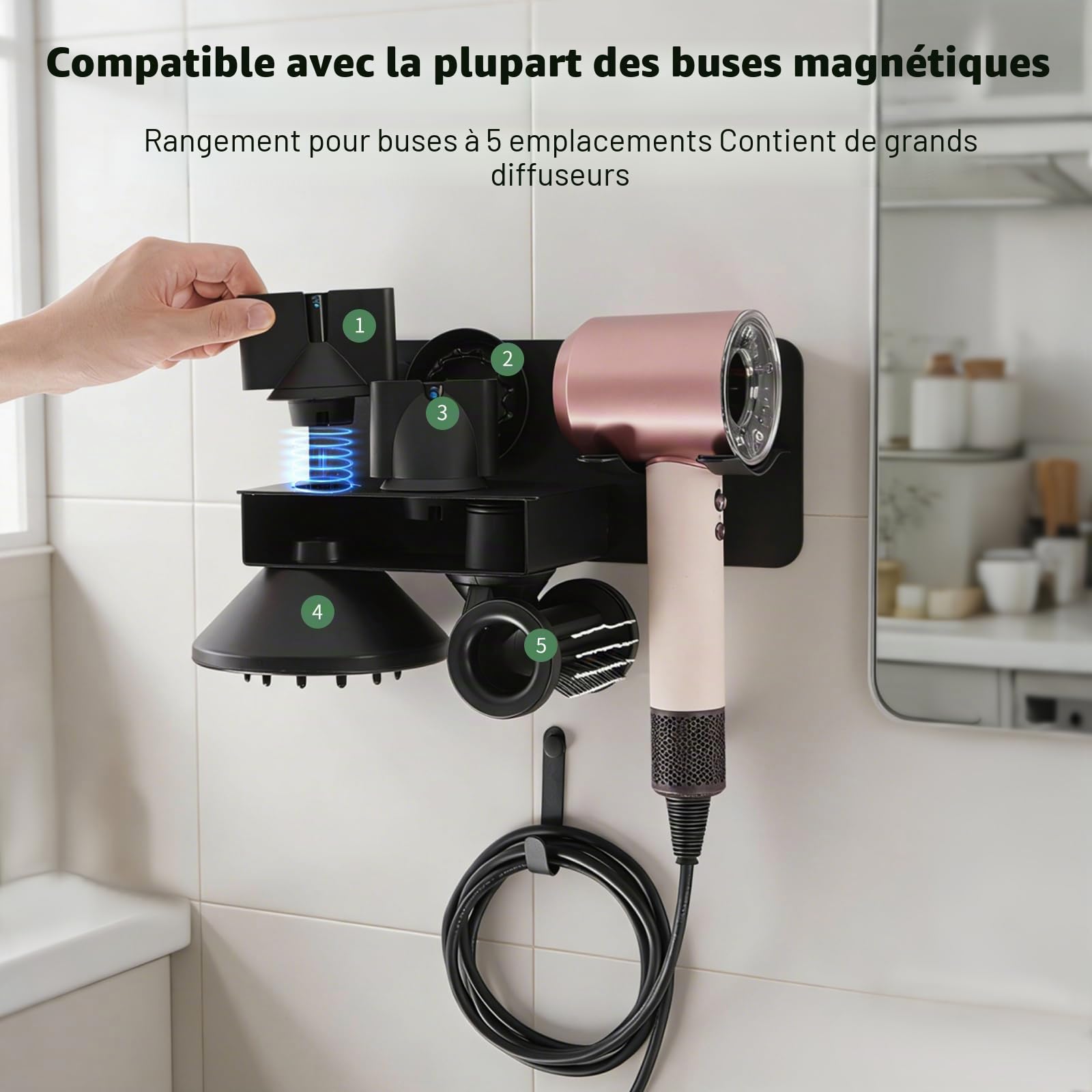 6 en 1 Support Seche Cheveux sans Percage Compatible avec Dyson Supersonic Nural HD16/ HD19, Porte Seche Cheveux Mural Métallique avec Rangement des Câbles, Convient pour 5 Embouts,29 * 12cm | Revêtement antirayures protège votre sèche-cheveux Dyson au qu