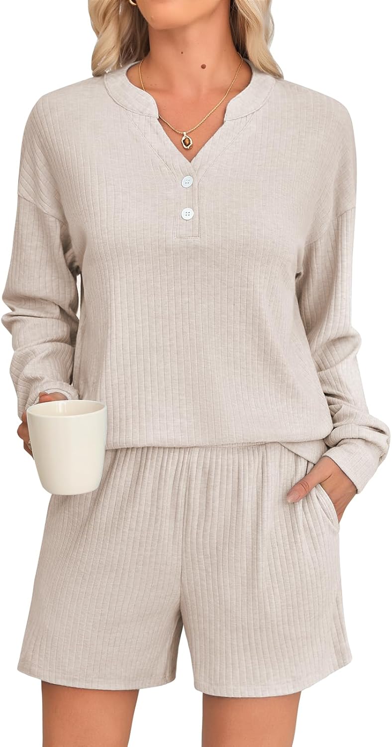 Braroz Womens Ribbed Knit 2 Piece Lounge Sets Outfits Long Sleeve Top and Shorts Pajama Sets Loungewear with Pockets