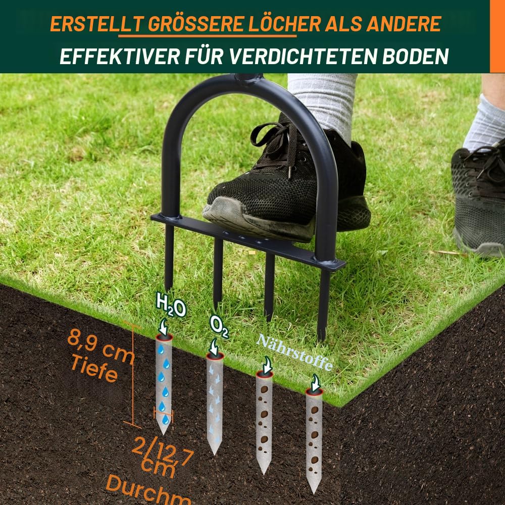 Colwelt Rasenbelüfter für verdichtete Böden und Rasenflächen, rutschfester T-Griff, mit vier 9 cm massiven Stahlspießen, 96 cm