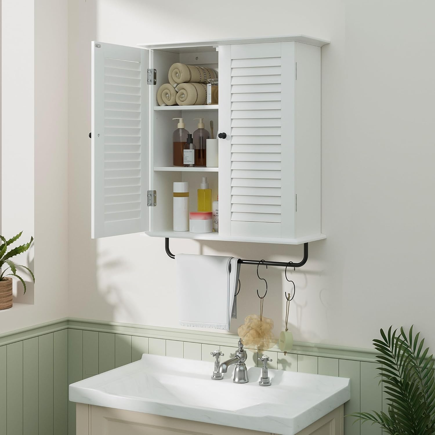 bathroom wall cabinet, over the toilet storage cabinet, wooden wall cabinet with 2 doors & hooks, white wall mounted cabinet, medicine cabinet organizer, over toilet livingroom kichen white 06