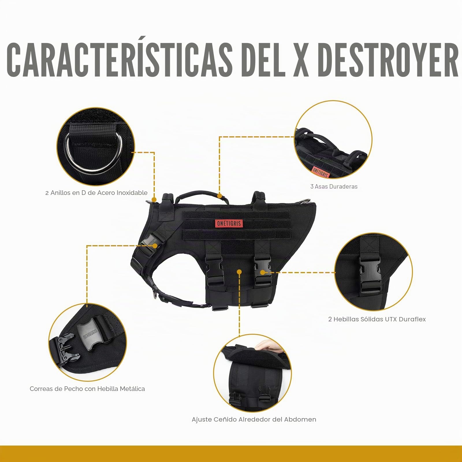 OneTigris Arnés Táctico para Perros X Destroyer - Ajustable, Antitracción, con 3 Asas y 2 Hebillas de Metal - Seguridad (Negro L)