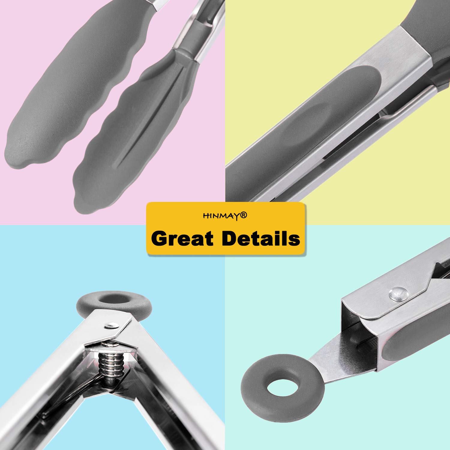 HINMAY Pinzas de cocina con puntas de silicona de 9 pulgadas de acero inoxidable, juego de 3 (gris)