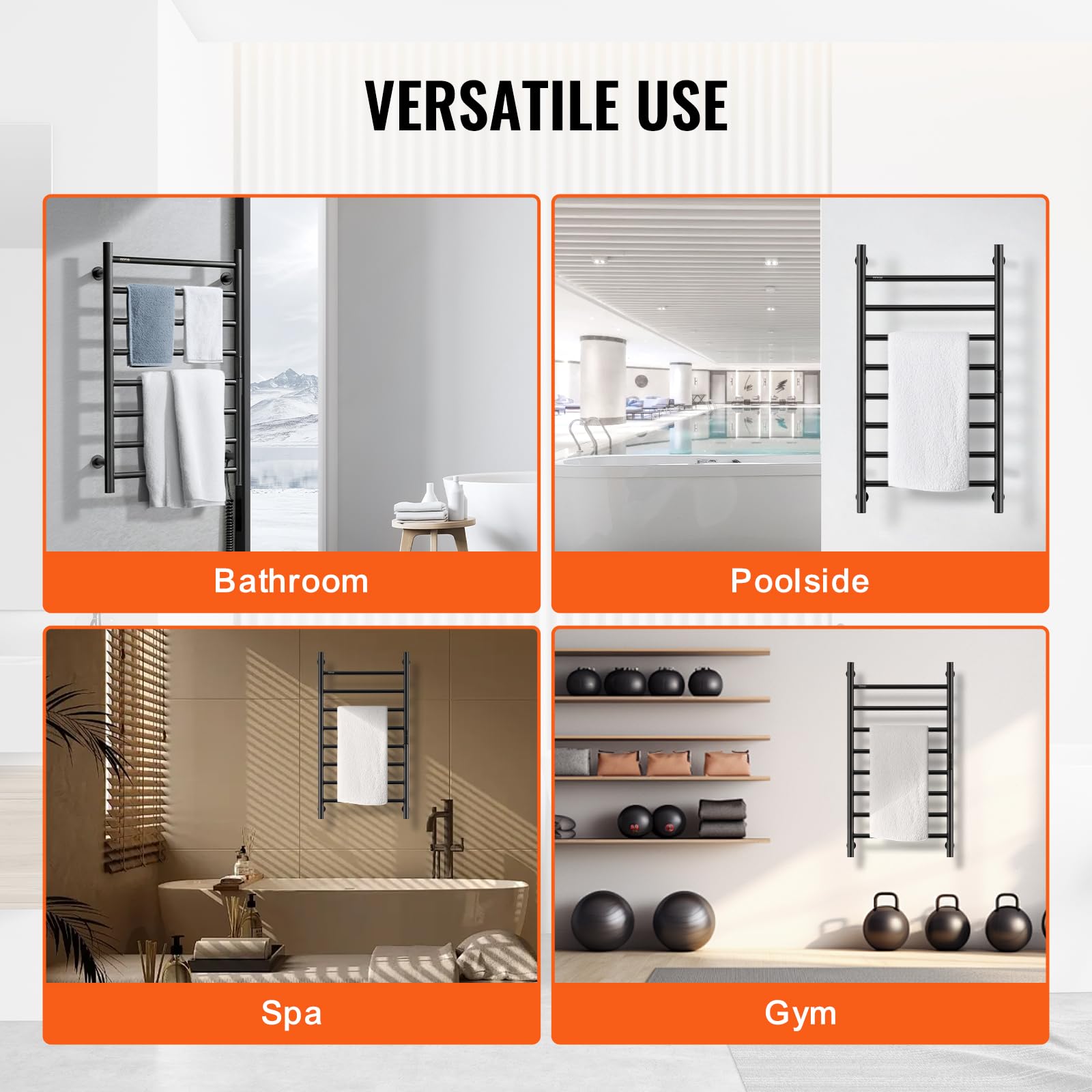 VEVOR Scaldasalviette Termoarredo, Portasciugamani Riscaldato con 8 Barre, Scaldasalviette Impermeabile con Timer e Display LED, 5 Livelli di Temperatura Regolabili, Montaggio a Parete, Nero