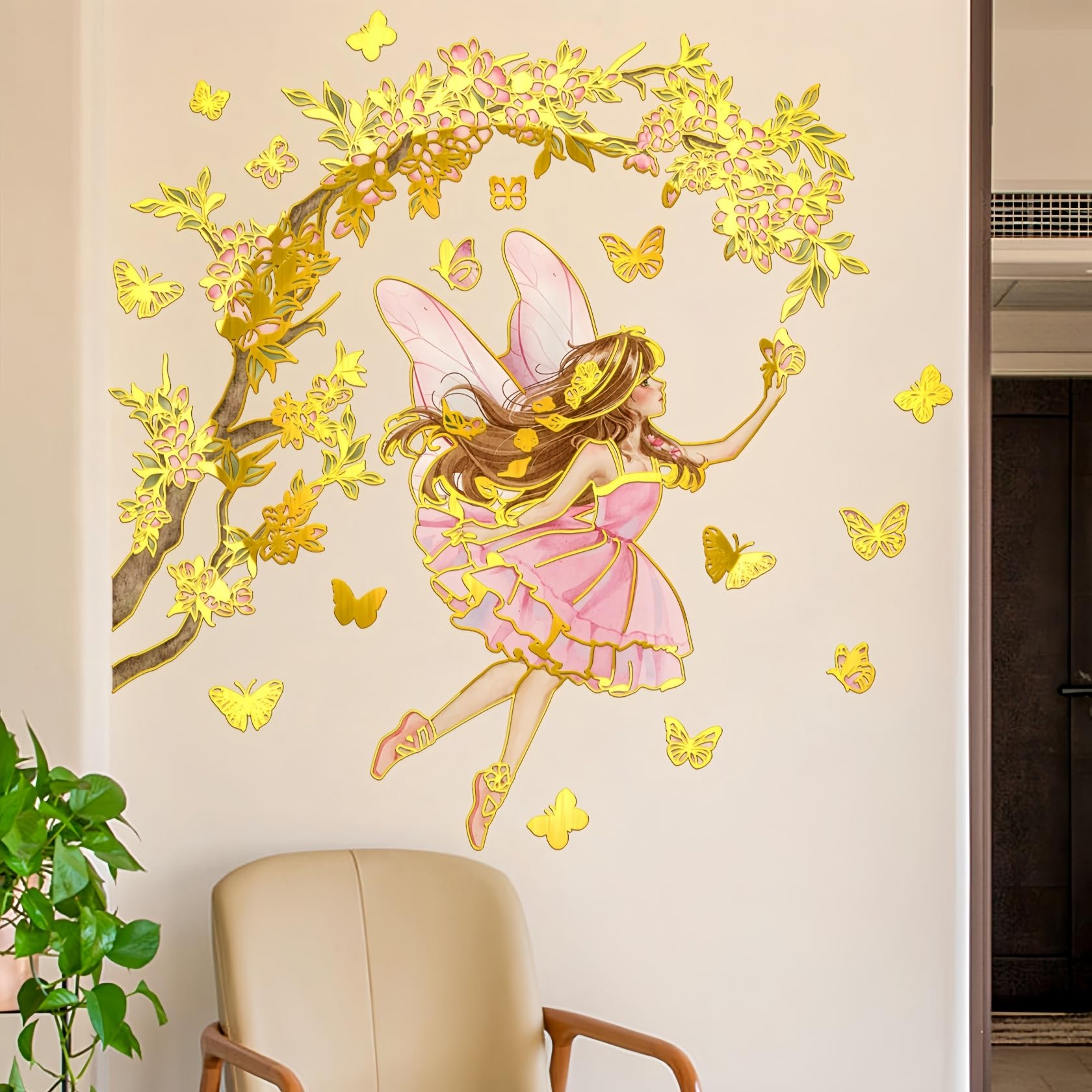 Lekabee Golden Flower Fairy Wall Stickers, Floral Butterfly Wall Decal, Girls Bedroom Baby Nursery Kids Room Wall Decor (Style_B)
