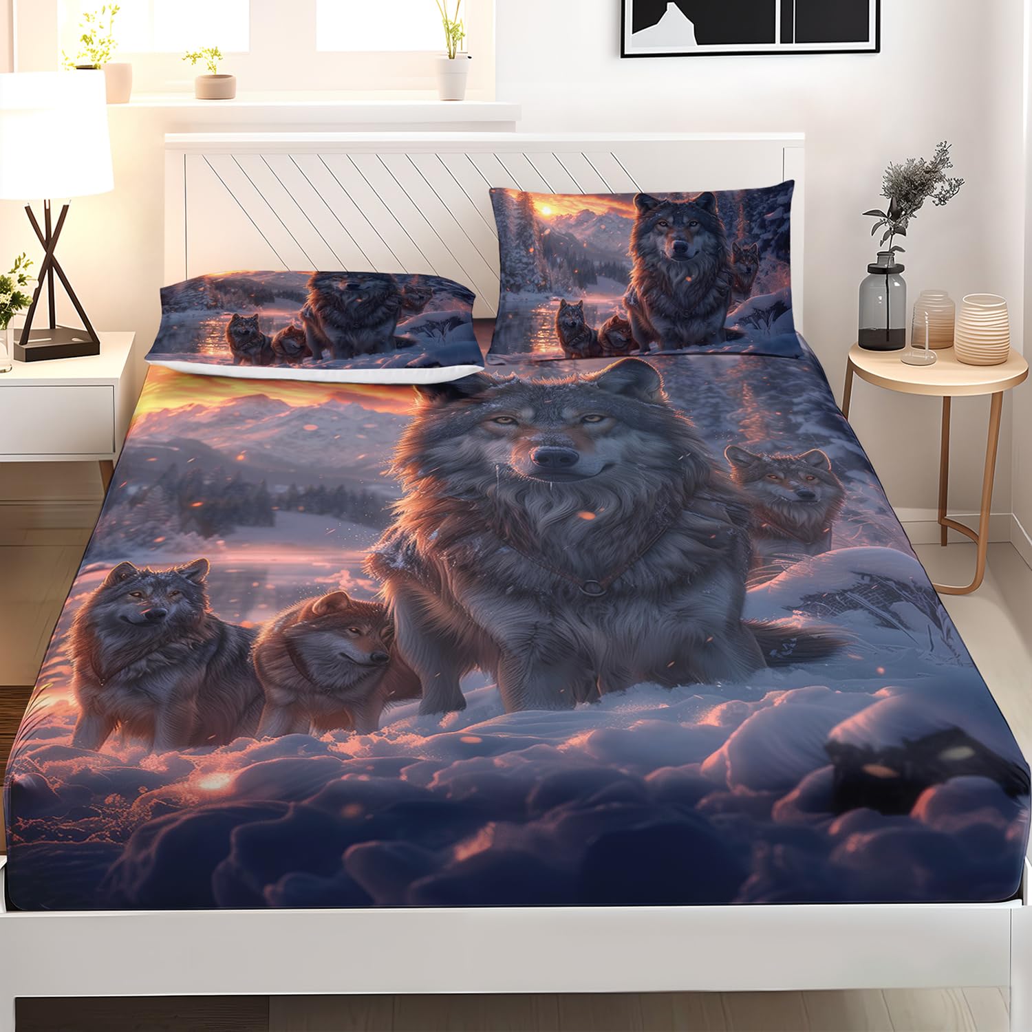 Ailonen Snow Wolf Twin Size Bed Sheet Set, Winter Sunset Wolf Theme, 1 Fitted Sheet with 2 Pillowcases