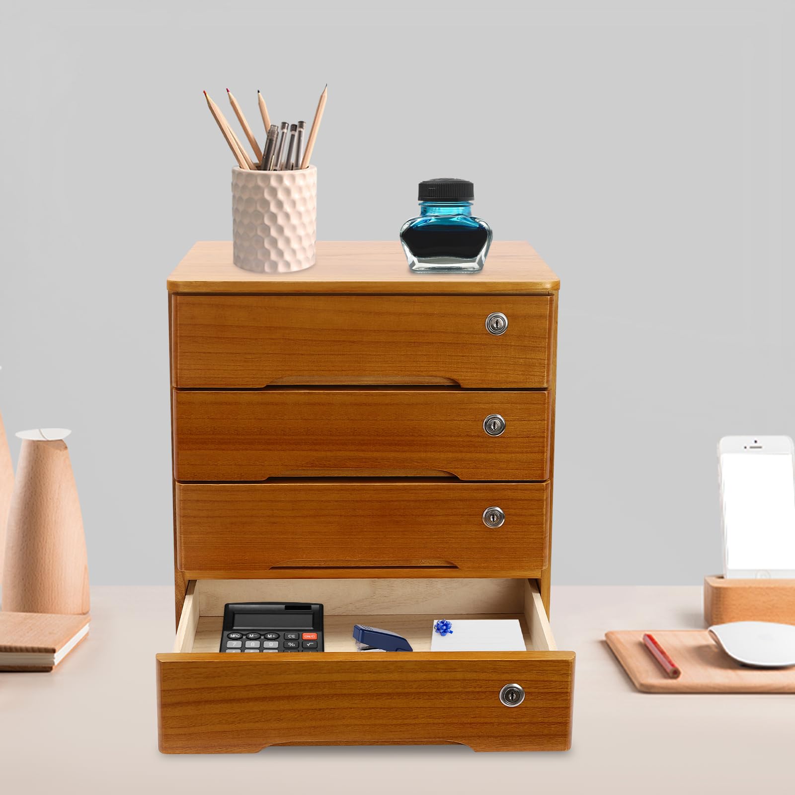 Organisateur de bureau en bois avec tiroirs, poste de travail à domicile, fournitures de bureau, boîte de rangement de bureau verrouillable avec tiroirs 3/4 étagères, support de rangement (4 niveaux)