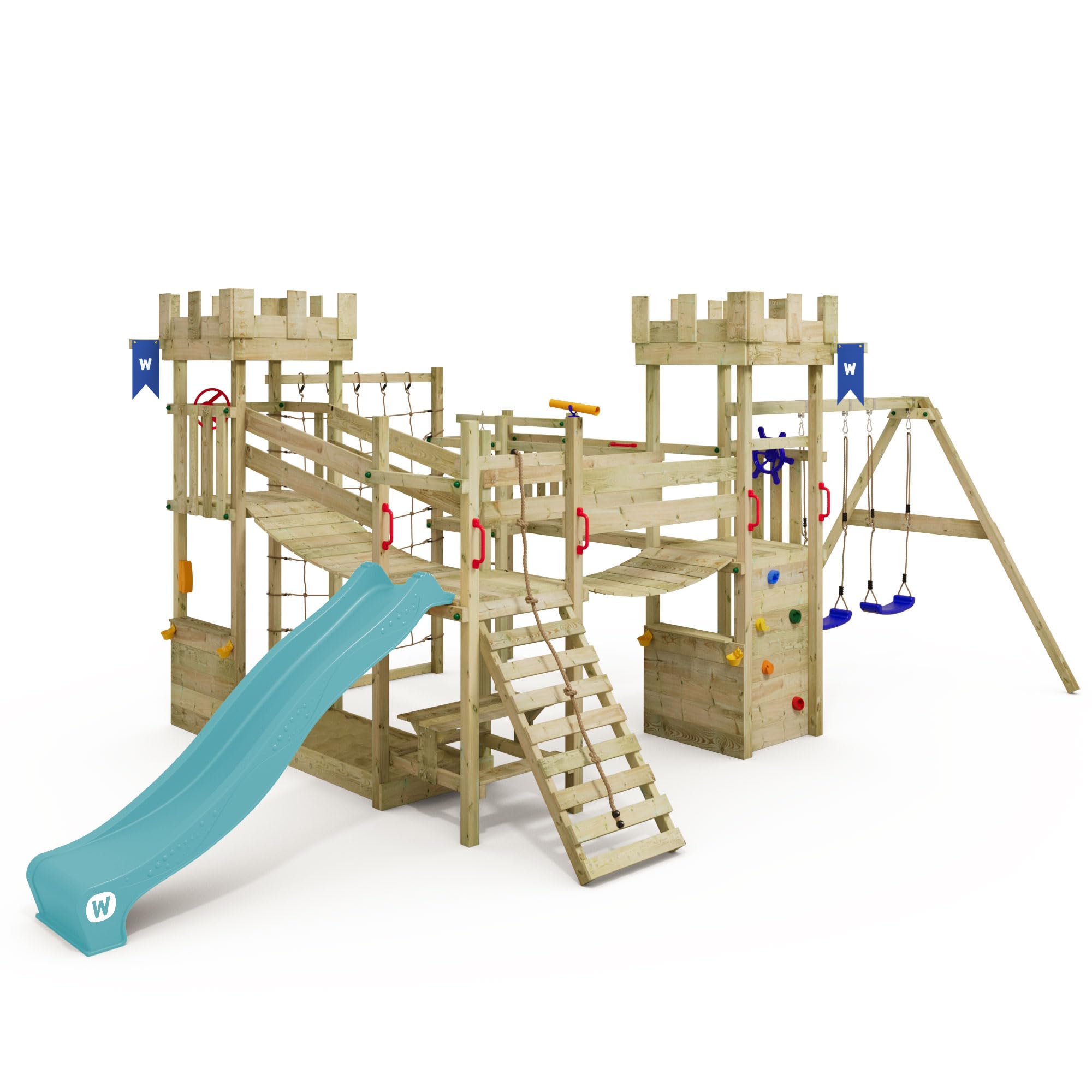WICKEY Spielturm Ritterburg Smart Arch mit Türkiser Rutsche | Schaukel, Sandkasten, Leiter, Spiel-Zubehör für den Garten