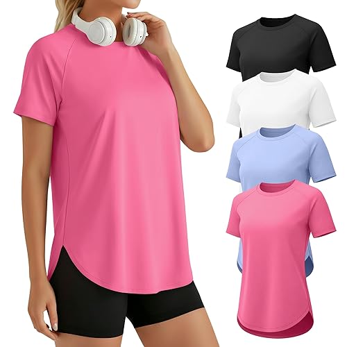 4 Pack Women's Workout Shirts, Quick Dry Raglan Athletic Tops