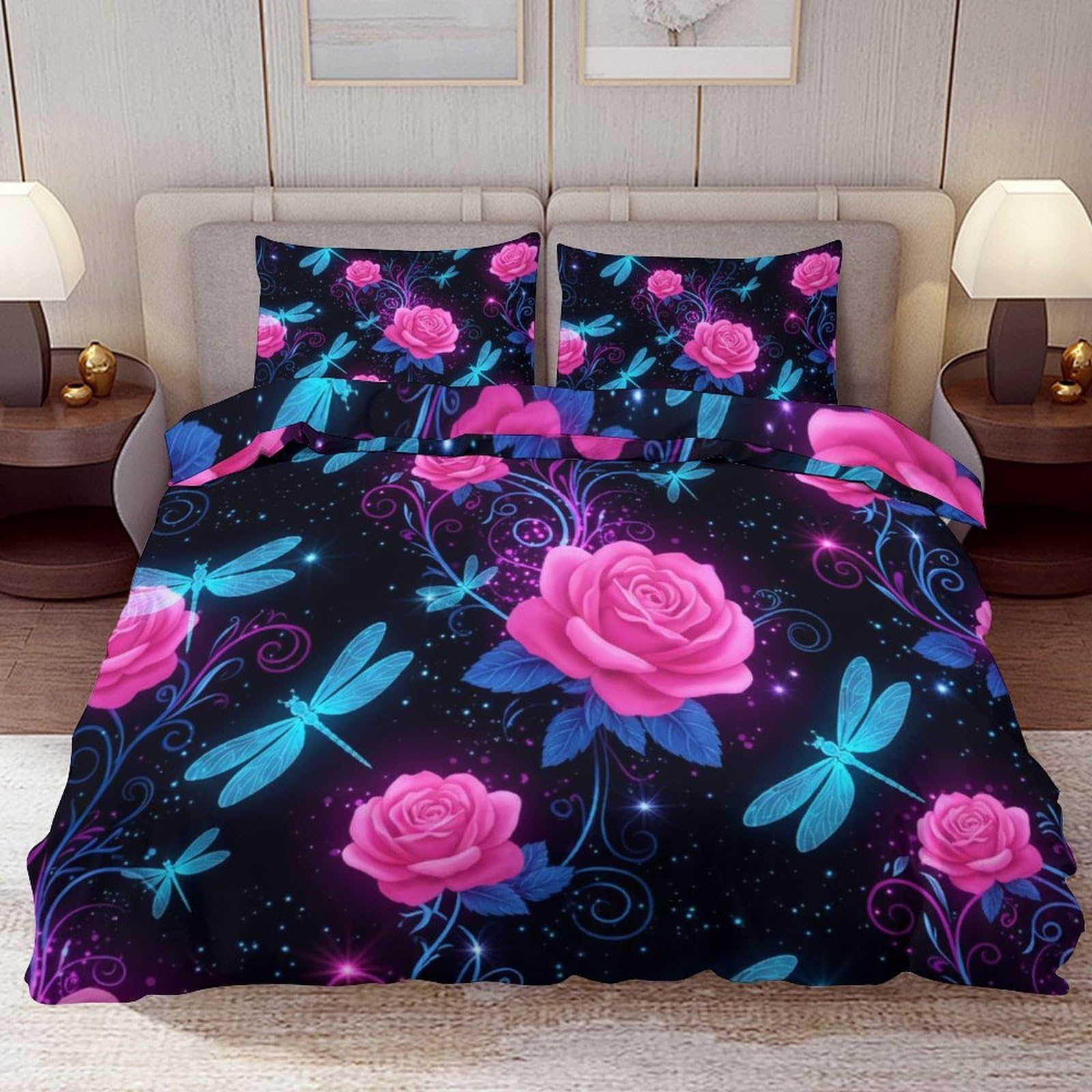 Delerain Comforter Cover Set King Size, Fantasy Blue Dragonfly Rose 3-Piece Bedding Set for Women Men Modern Soft Microfiber Bedroom Set Room Decor, 1 Duvet Cover + 2 Pillowcases