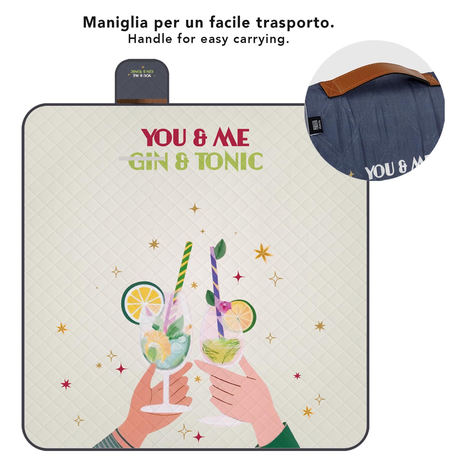PERLETTI Telo Picnic Impermeabile Adulto 200x200 - Coperta Pic Nic Grande per Famiglia Spiaggia Montagna Parco Giardino - Tappeto da Campeggio per Esterno Portatile Pieghevole (Gin & Tonic, 200x200)