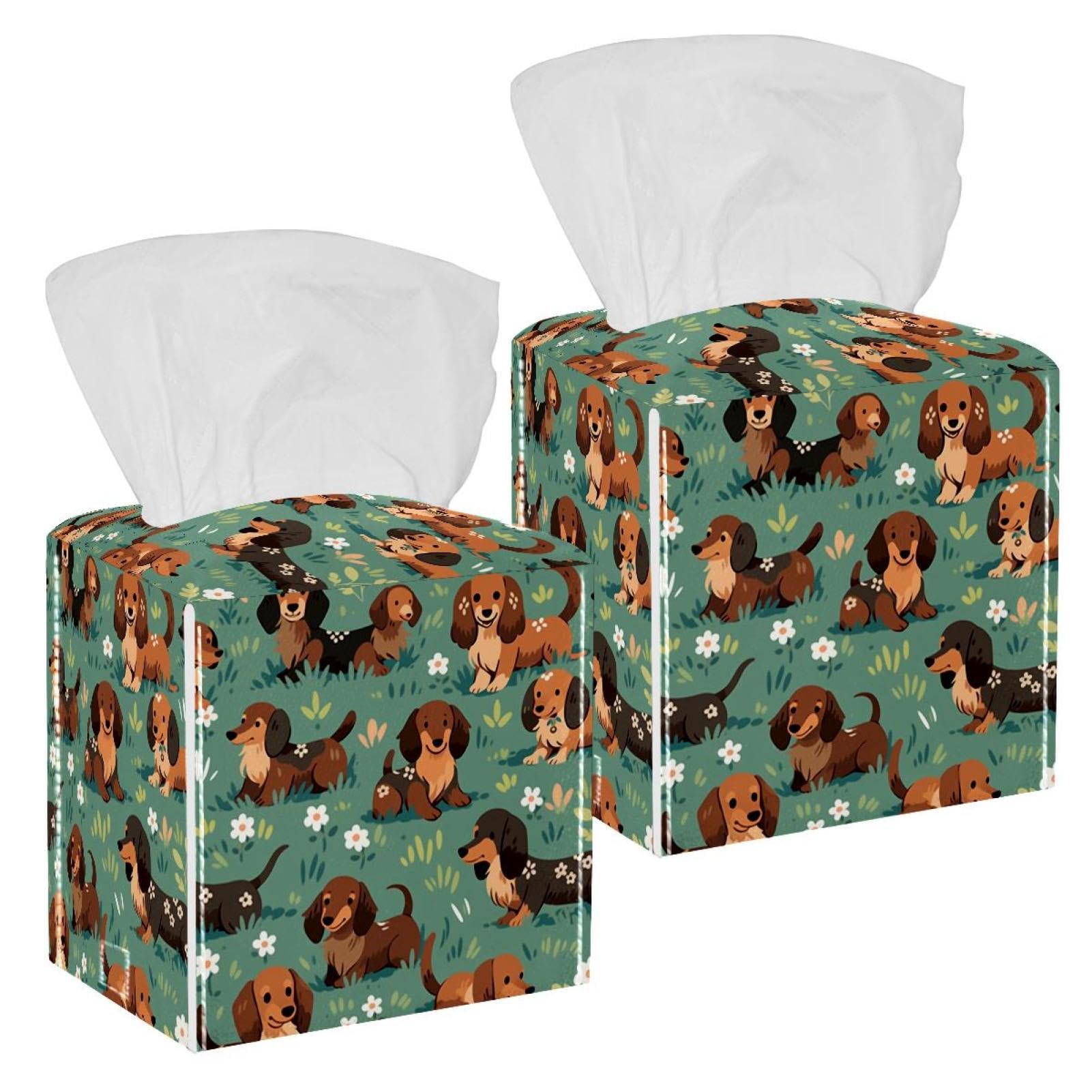 Cartoon Dog Tissue Box Cover, 2 Pack PU Leather Square Facial Tissue Dispenser Box holder for Home Office Car