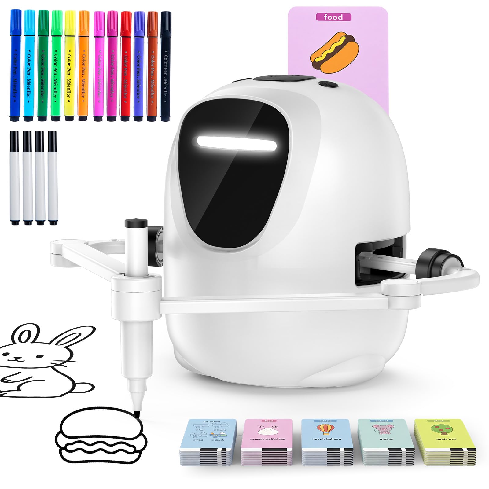 Malroboter für Kinder, Zeichenroboter für ab 3 4 5 6 7 8 9 Jahre, Voice-Sprachinteraktiver Pädagogischer Drawing Robot mit 100 Karten, 16 Buntstifte & Musik, Geschenk für Jungen Mädchen(Weiß)