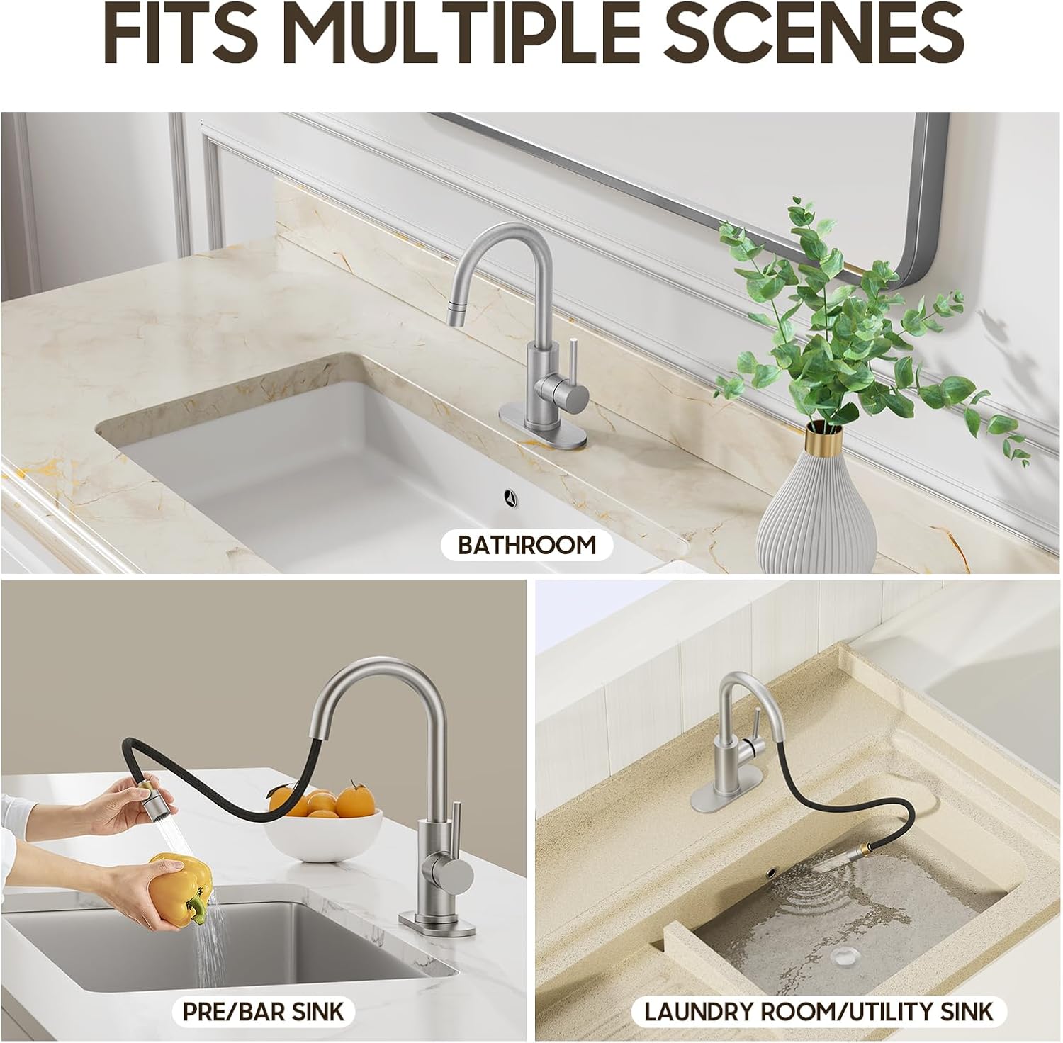 Phiestina High Arc Pull Out Sprayer Bathroom Faucet,Brushed Nickel Single Handle Pull Down Faucet with Pop-Up Drain,1 or 3 Hole 2 Model RV Bar Laundry Utility Sink Faucet with Deck Plate, WE08CL-ZY-BN