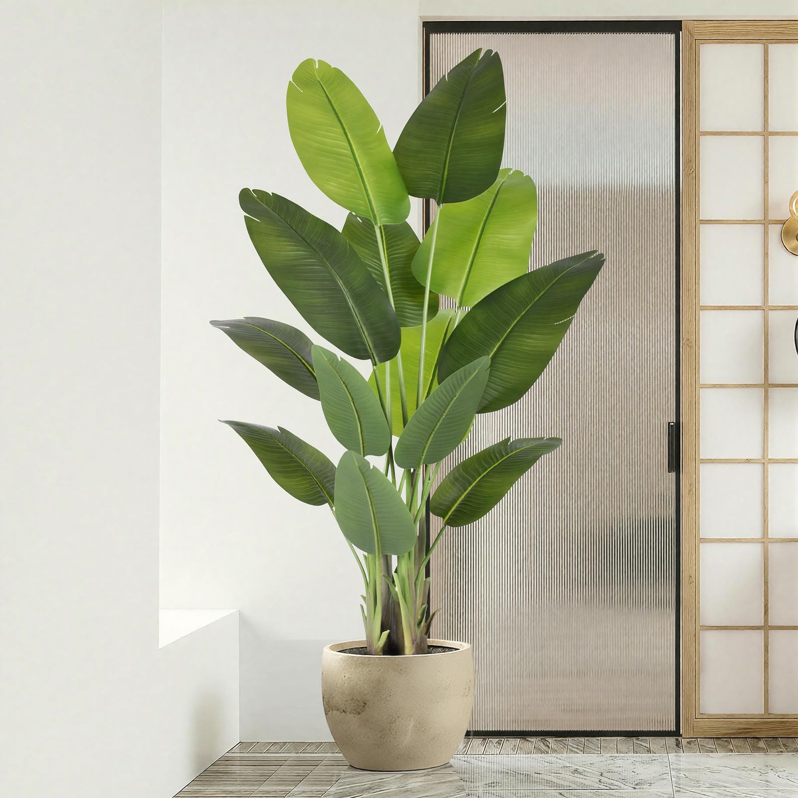 Plante Artificielle Oiseau de Paradis 180cm bananier artificiel avec 13 Feuilles Pour Plantes Artificielles Interieur Exterieur avec Pot Blanc Pour Decoration Maison en Salon Bureau Jardin Deco