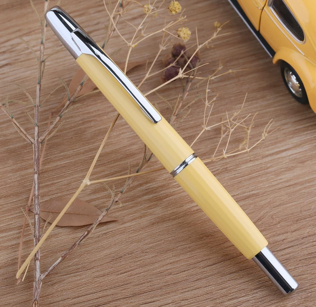 erofa Majohn A2 Press Fountain Pen Extra Fine Nib with Box, Retractable Yellow Resin Ink Pen with Converter Writing Pen Set (Silver Clip Version