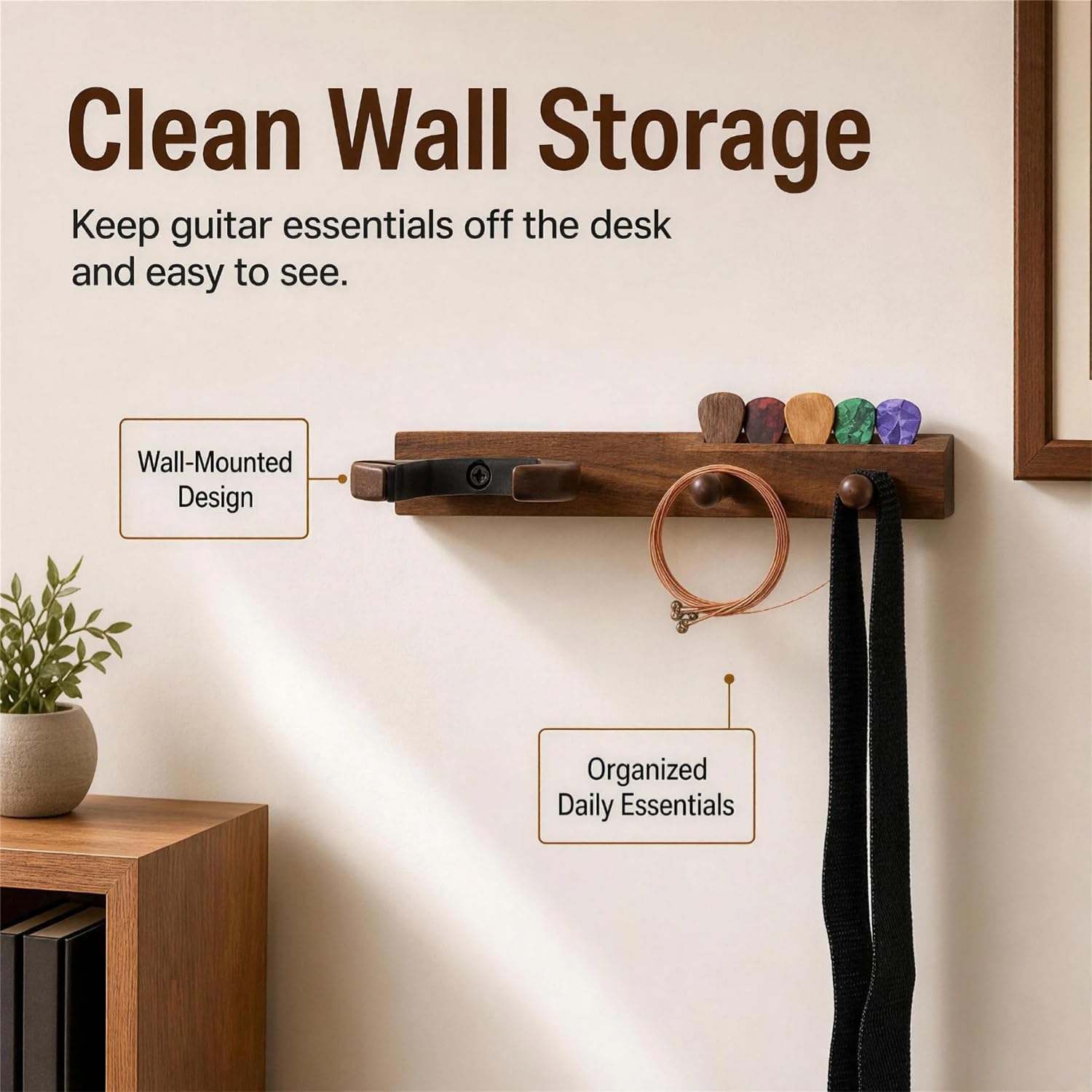 Guitar Wall Mount, Guitar Wall Hanger with Pick Holder, Solid Wood Guitar Hanger Wall Mount, Guitar Holder for Acoustic, Electric Guitar, Bass, Ukulele, Mandolin, Guitar Music Accessories Gifts