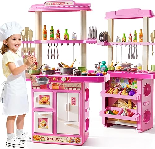 Juego de cocina para niños, juego de cocina 2 en 1 con sonido y luz, fregadero de paly con 60 piezas de juguete de comida y accesorios de cocina,