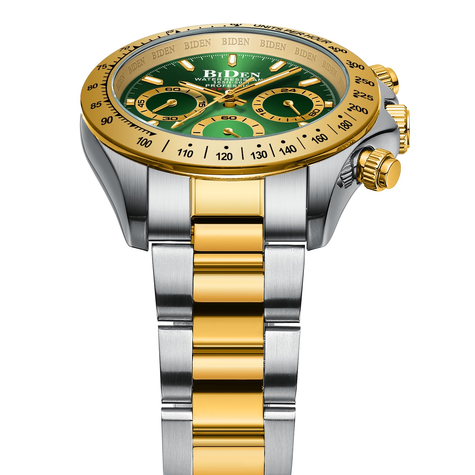 HANPOSH Reloj Hombre Cronógrafo de Acero Inoxidable(Plata Oro Verde11)
