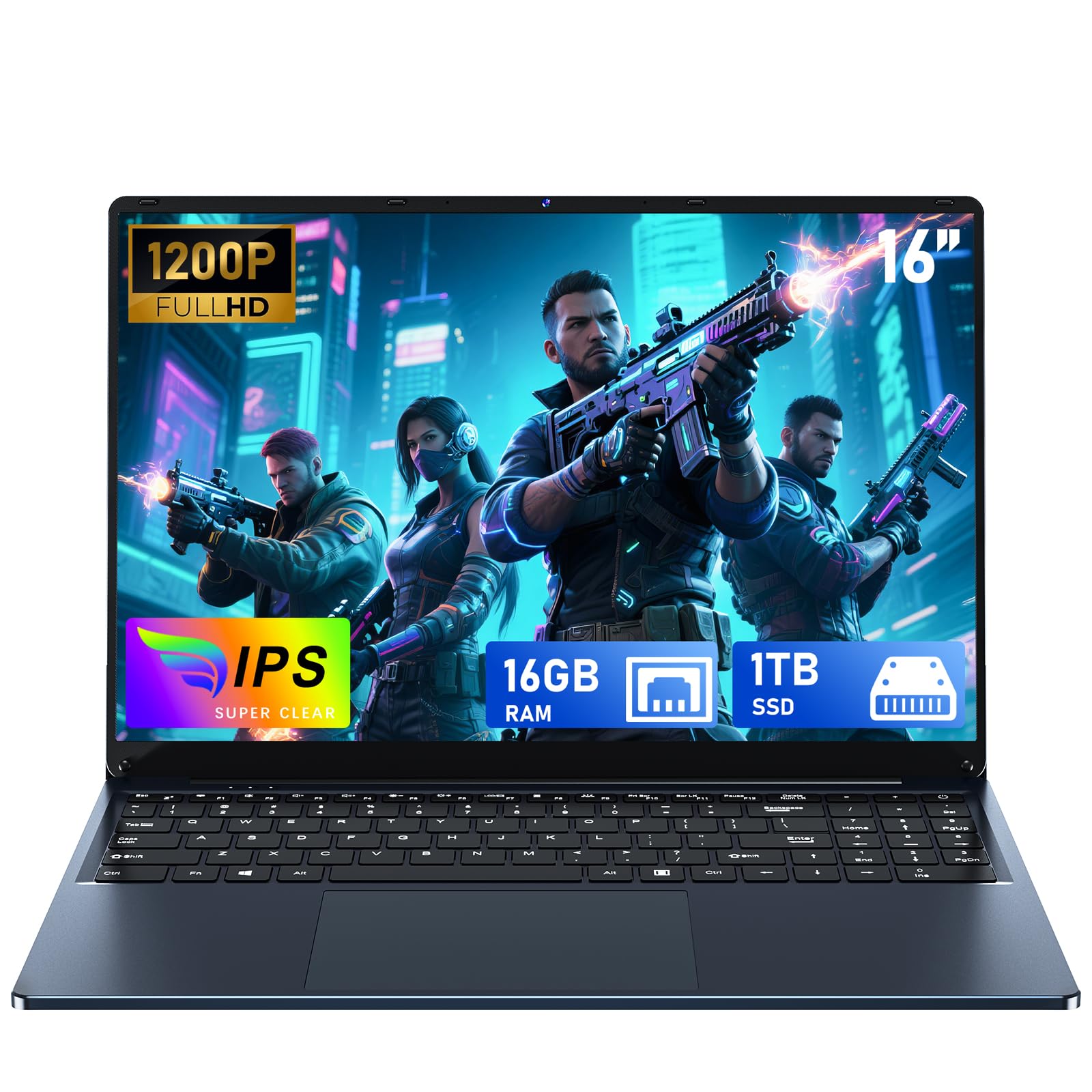 FUNYET 16 pollici, computer portatile win11, processore N150, 16 GB RAM 1 TB SSD, notebook 1920 x 1200 FHD, sblocco delle impronte digitali, tastiera retroilluminata, angolo di apertura 180°, 46,2 Wh