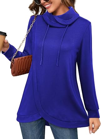 Bulotus Tunic Sweatshirt for Women 2025 Fall Winter Cowl Neck Long Sleeve Tops Pullover Tulip Hem Drawstring Trendy