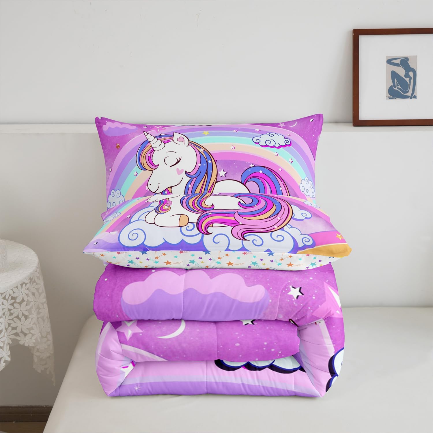 Feelyou Unicorn Bedding 3 Pieces Rainbow Unicorn Comforter Set,Cute Unicorn Comforter for Girls Teens Queen Size