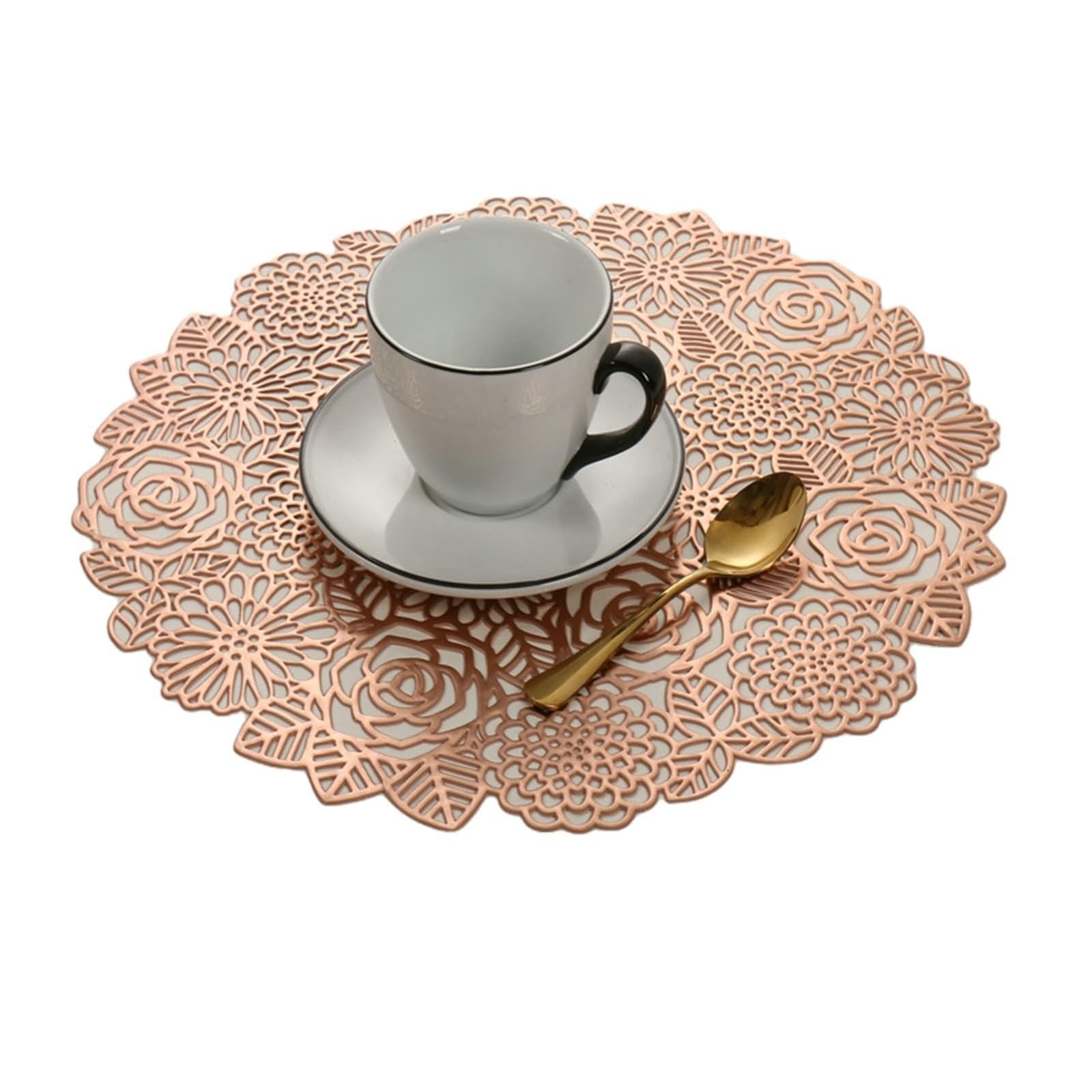 Platzdeckchen Vintage Landhausstil, Platzdeckchen 8er Set 38cm Rundes Muster mit Rosen und Blättern PVC Rosegold