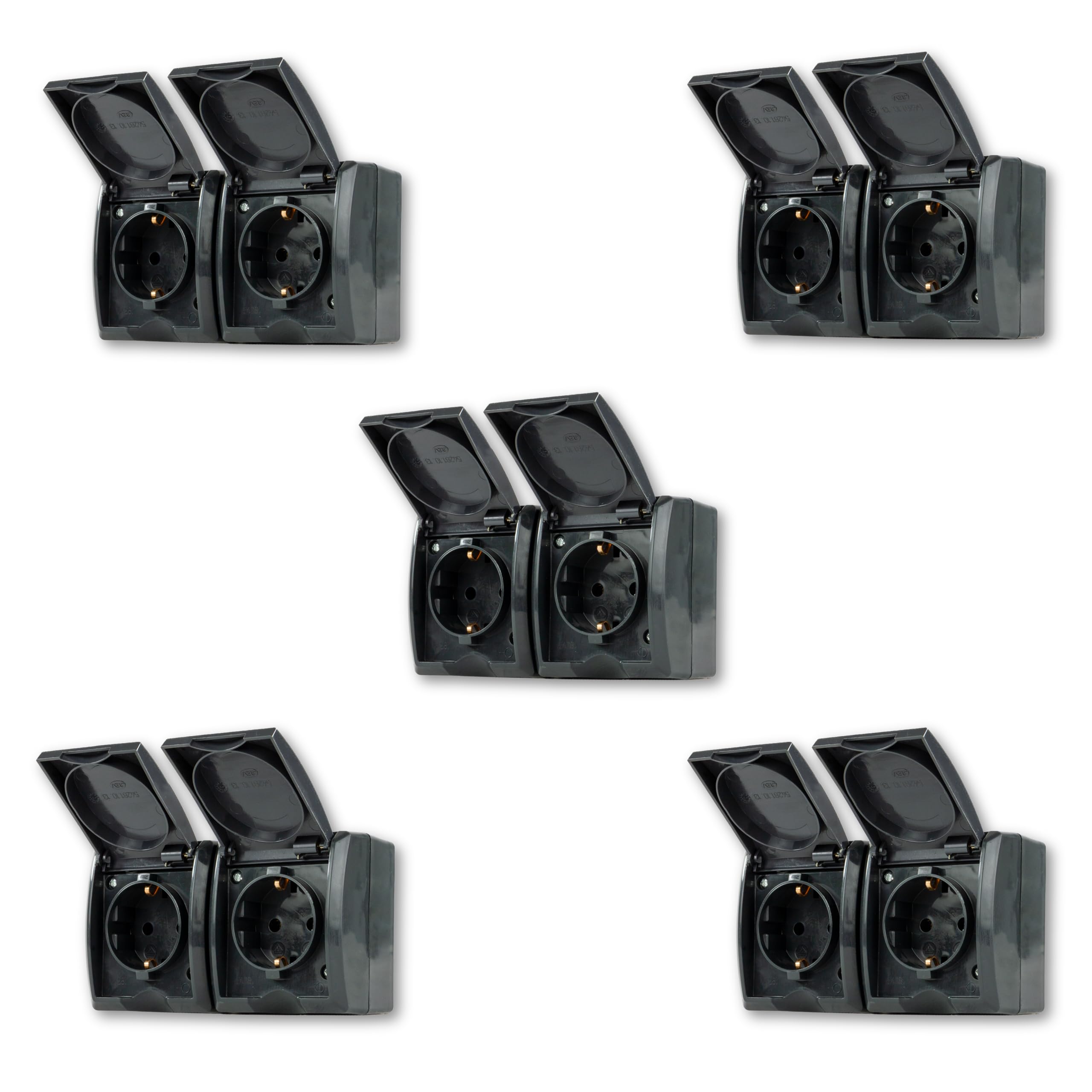 REV AquaForm SPARSET - 5x Doppelsteckdose - Feuchtraumsteckdose, IP44, Aufputz, waagerecht, anthrazit