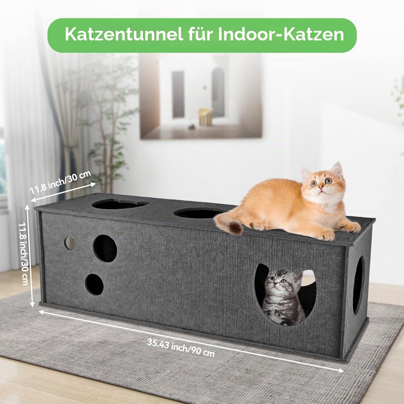 Homegroove Katzentunnel für Indoor Katzen, große Filz L-Form Katzen Tunnel, interaktive Cat Tunnel, DIY Peekaboo Katze Spielzeug mit interaktiven Peek Holes für Katze (Grey, Straight)