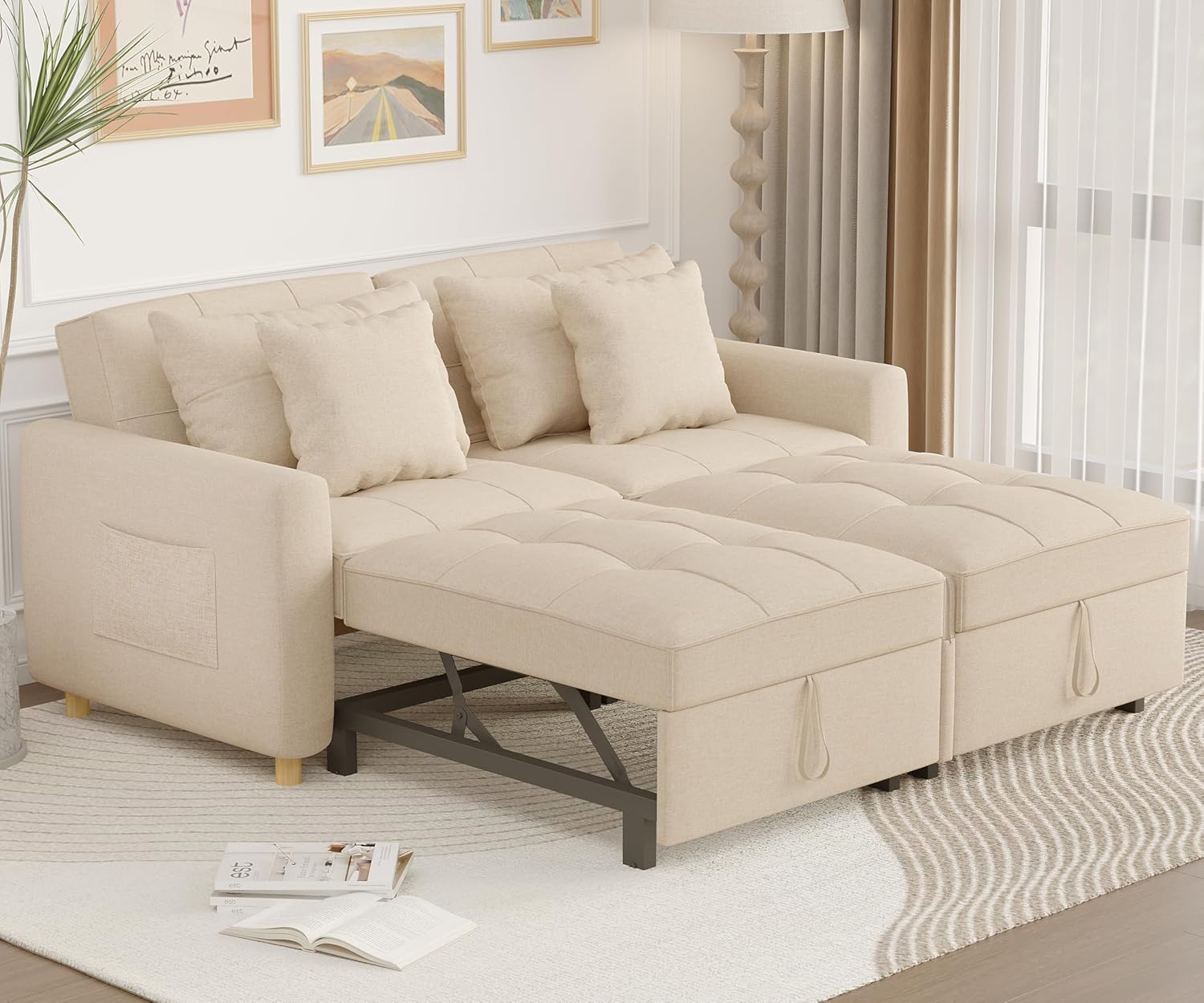 YODOLLA 3-in-1 Sofa Bed, Double Sleeper Chair Bed with Adjust Backrest Into a Sofa, Fabric Couch Convertible 2 Seater Sofa Beds for Adults, Beige