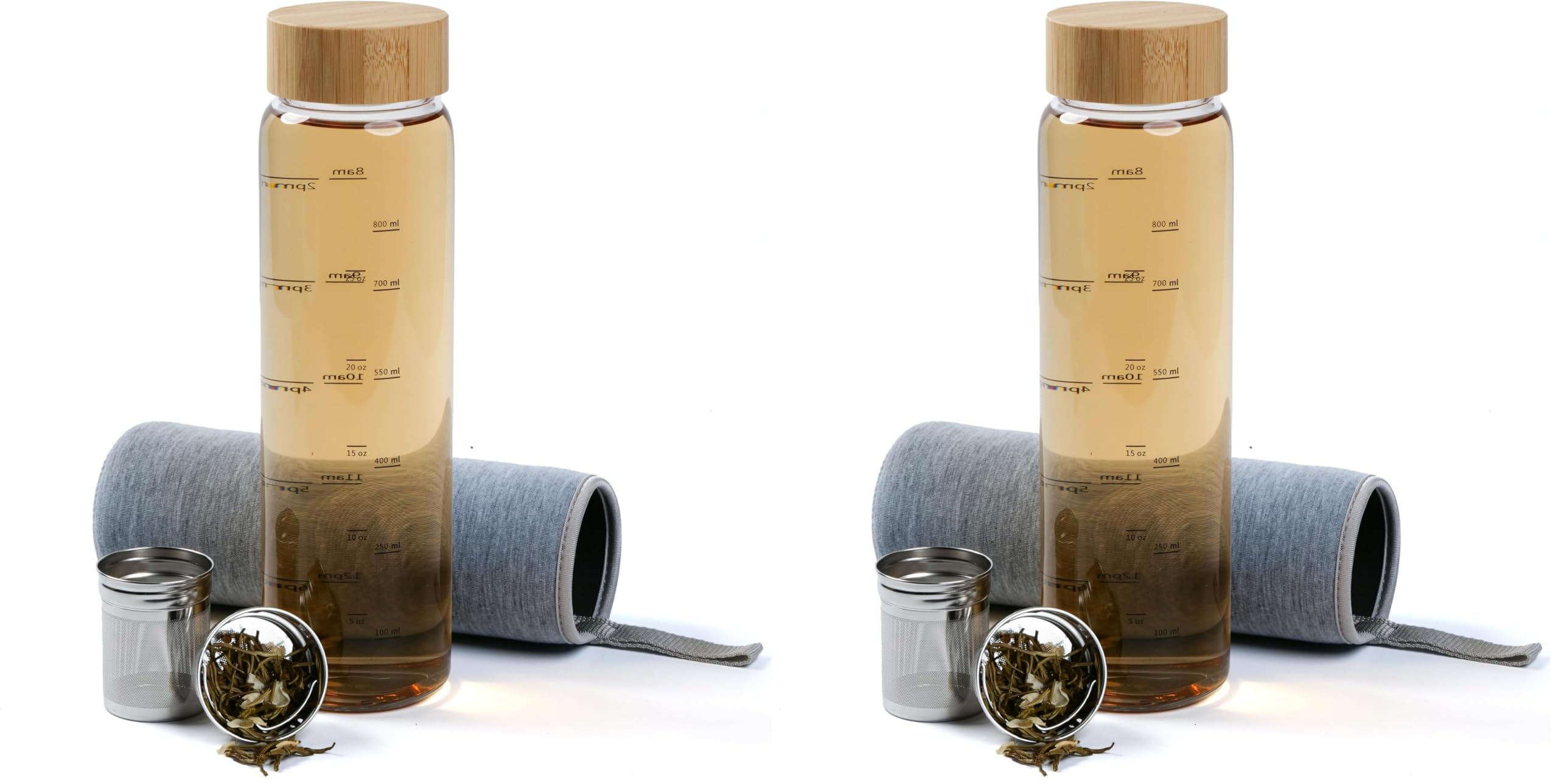 Teeflasche mit Sieb to go 1l - Glasflasche 1 Liter mit Edelstahl Sieb - Teeflasche 1l aus Borosilikatglas mit drehbarem Bambus Deckel und Neopren Schutzhülle - Grau (Packung mit 2)