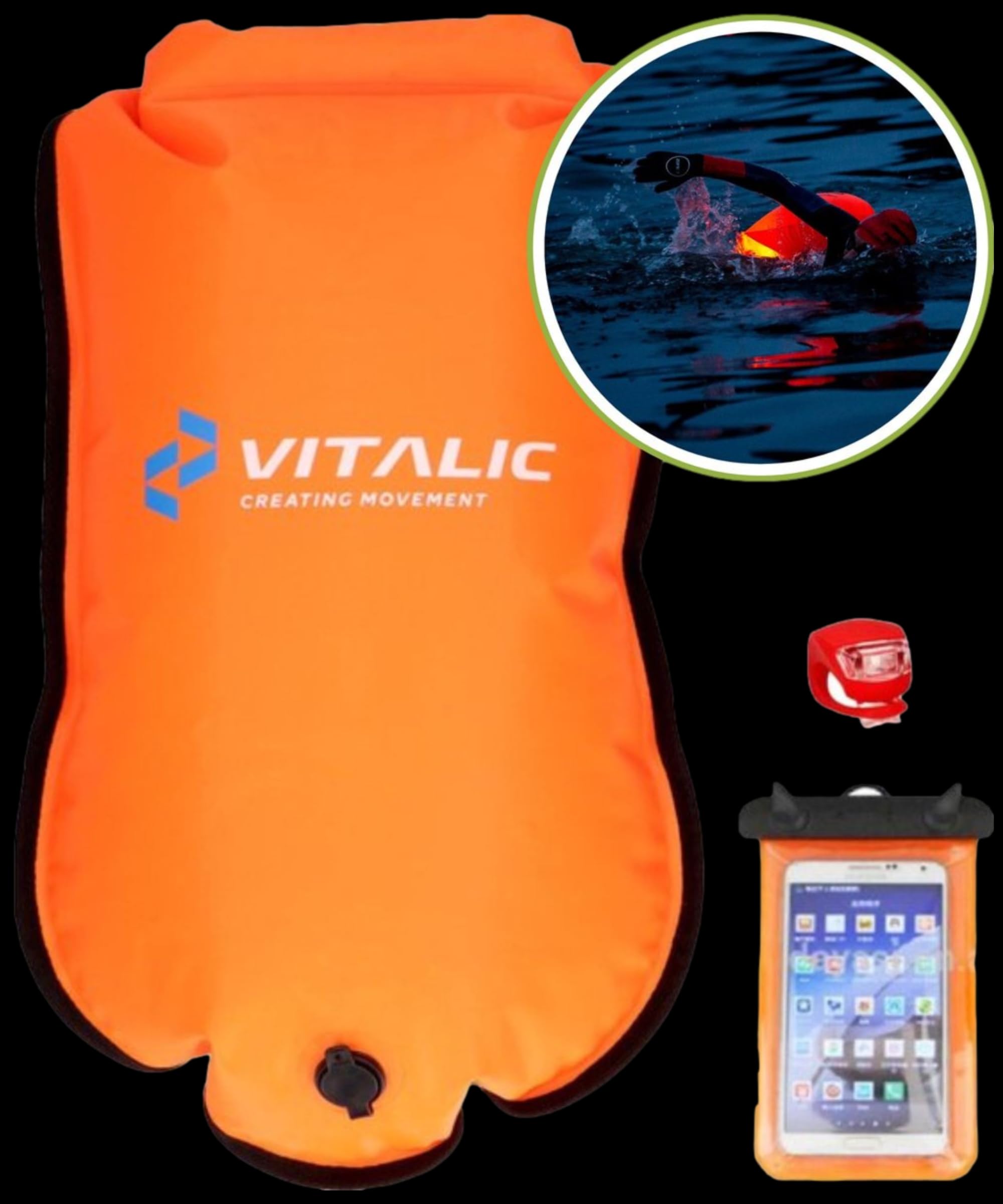 Bouée de natation gonflable avec lumière et étui de téléphone - Flotteur flottant pour la natation en eau libre et le triathlon en toute sécurité - Sac de natation étanche avec sac isotherme