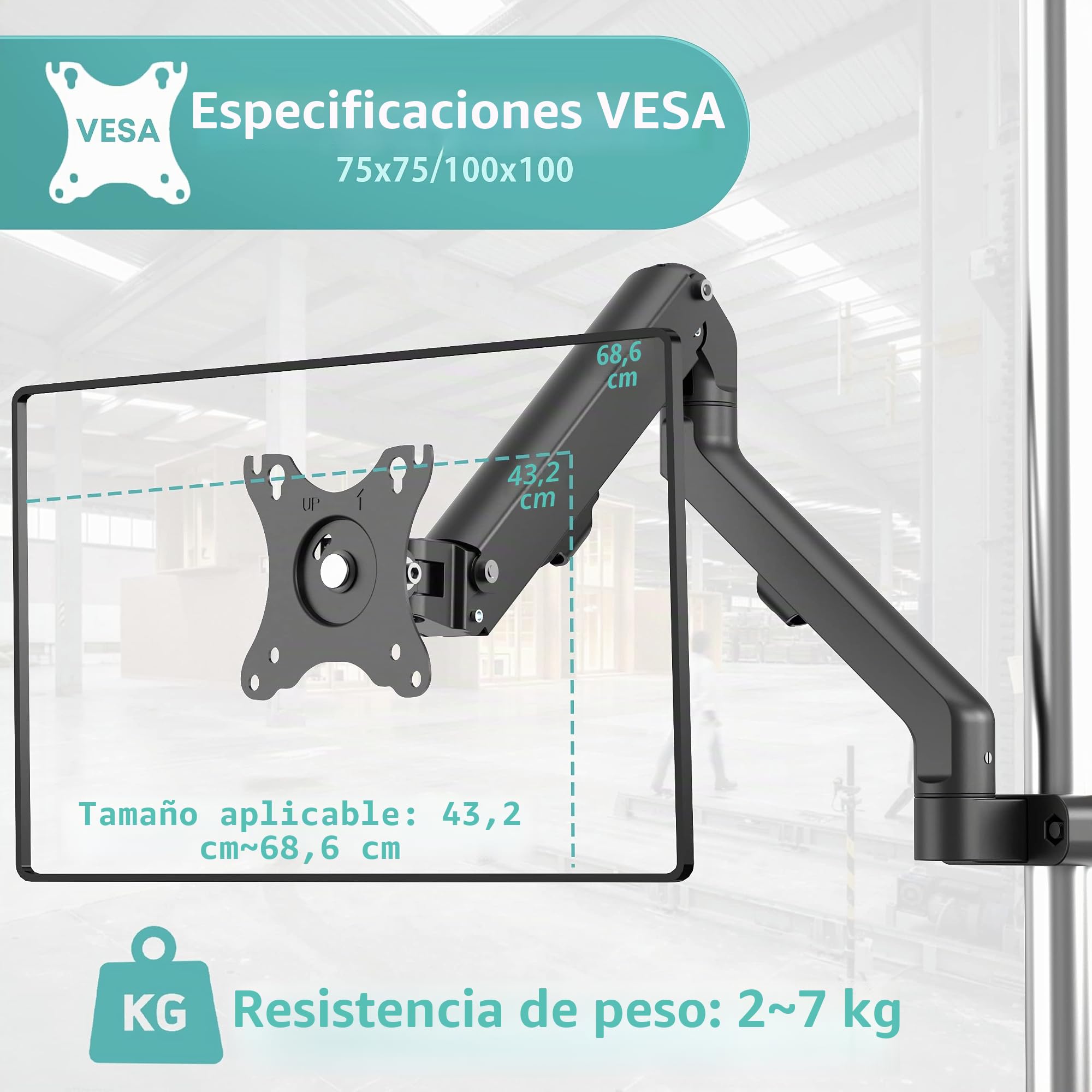 WORLDLIFT Brazo monitor montaje poste altura ajustable 17-27 pulgadas resorte mecánico VESA 75x75 100x100 7 kg