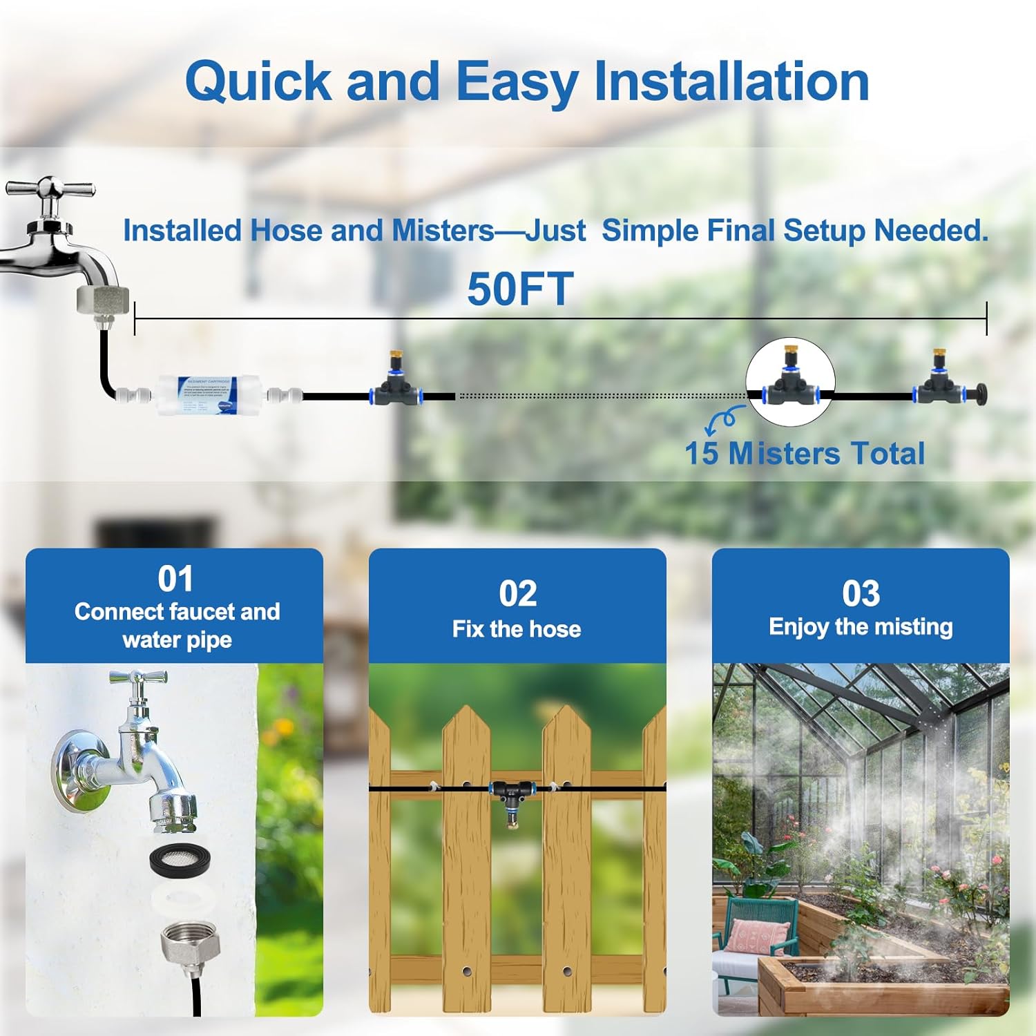 Misting Cooling System w Filter,50FT+20Pcs Brass Mister Nozzles