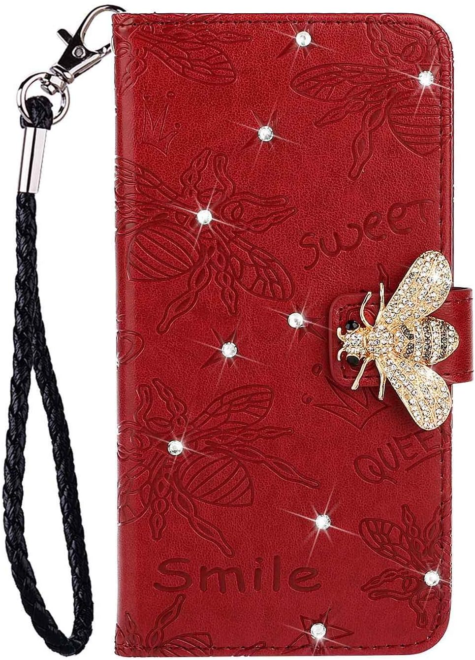 Huawei P30 Lite Case Glitter Shiny PU Leather Cover for Huawei P30 Lite, Reevermap Flip Handmade Rhinestone Bling Crystal Magnetic Wallet with Embossed Bee Kickstand, Red
