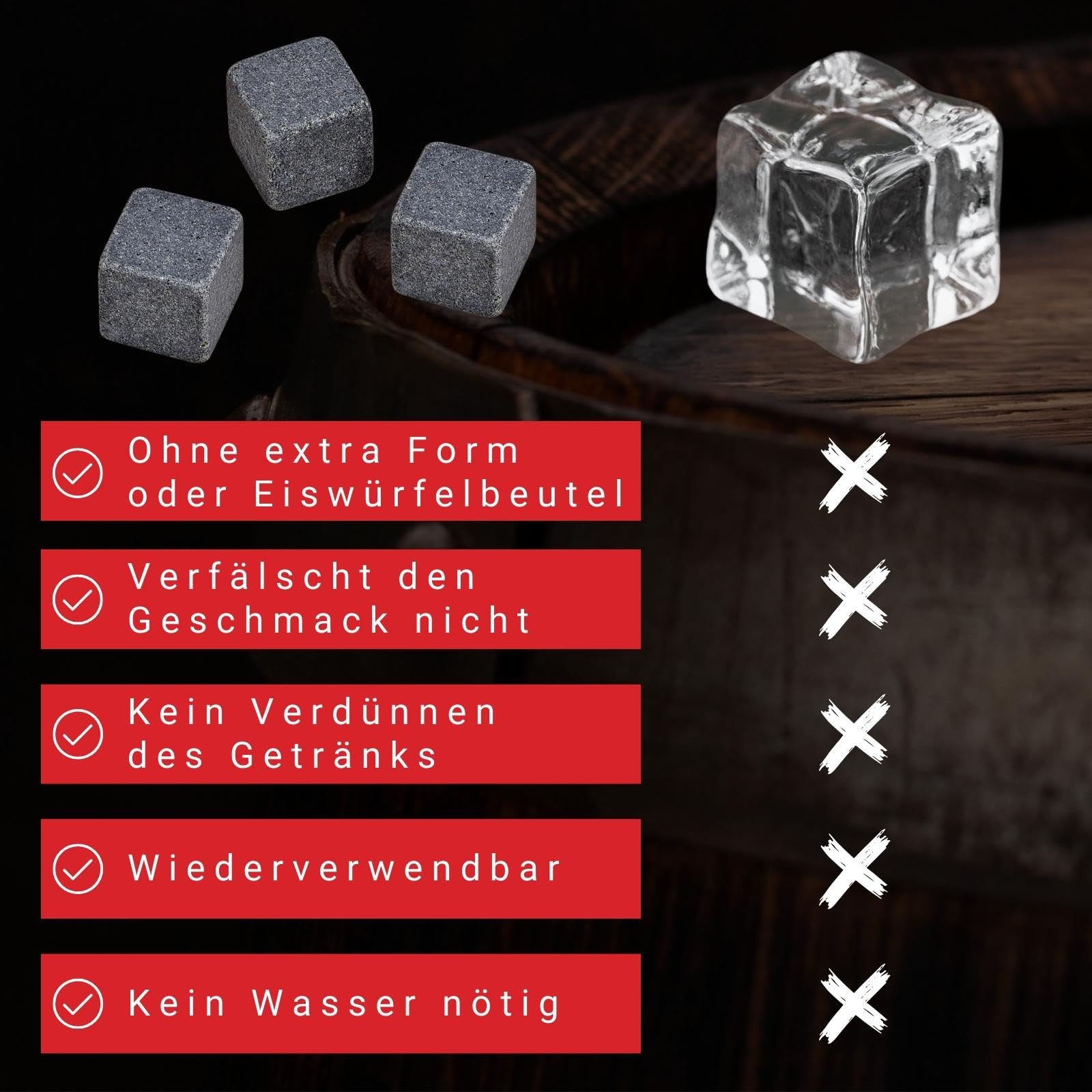 WOMA Whisky Steine Set I 4 Kühlwürfel inkl. Untersetzer, Edelstahlzange, Whiskey Glas & hochwertiger Holzbox I Wiederverwendbare Eiswürfel für Whiskey Wodka Gin Rum Tequila & Cocktails