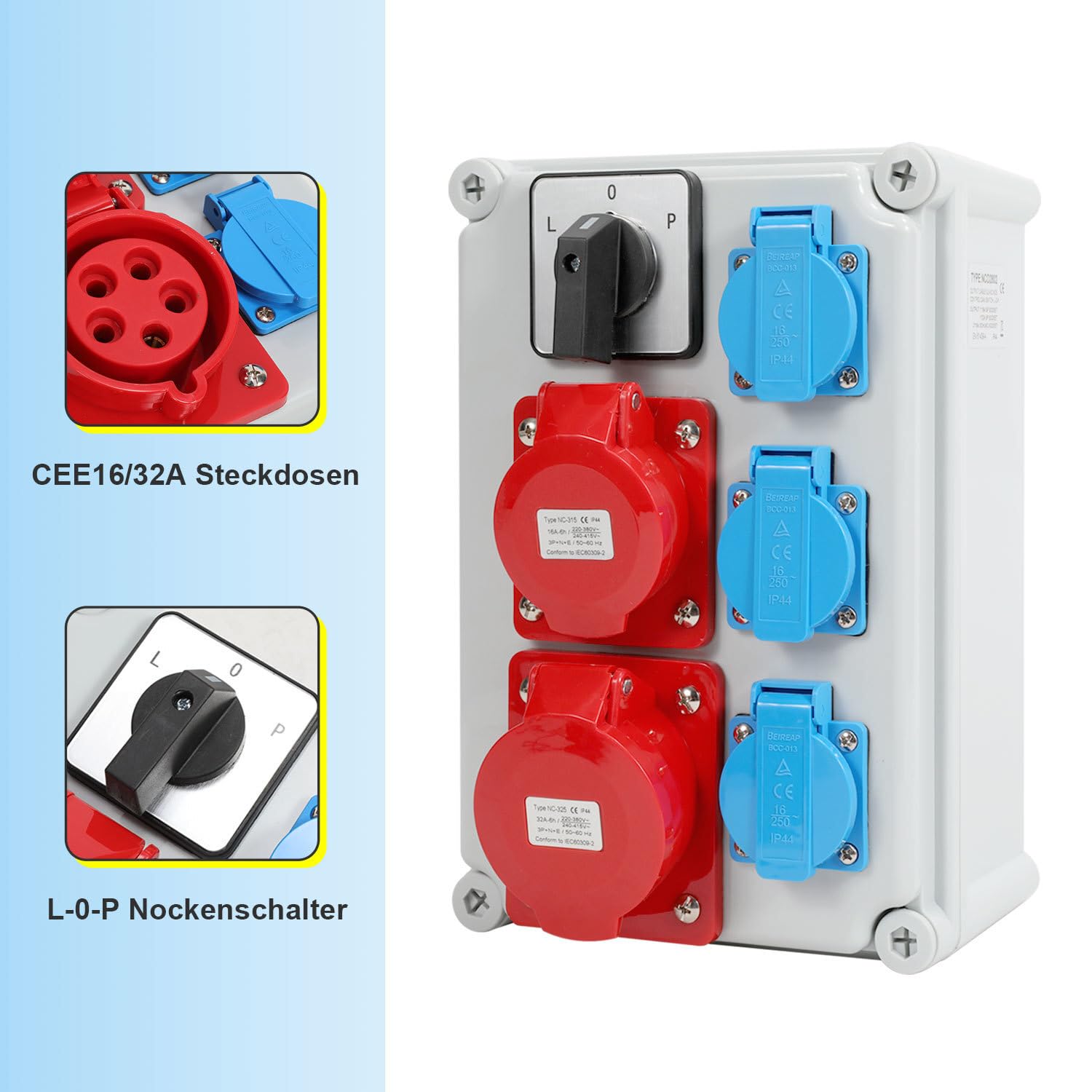 Distribuidor de pared, 3 x 16 A/230 V + 1 x CEE 16 A 5P + 1 x CEE 32 A 5P con interruptor de leva L-0-P con conector impermeable M25, distribuidor para obras