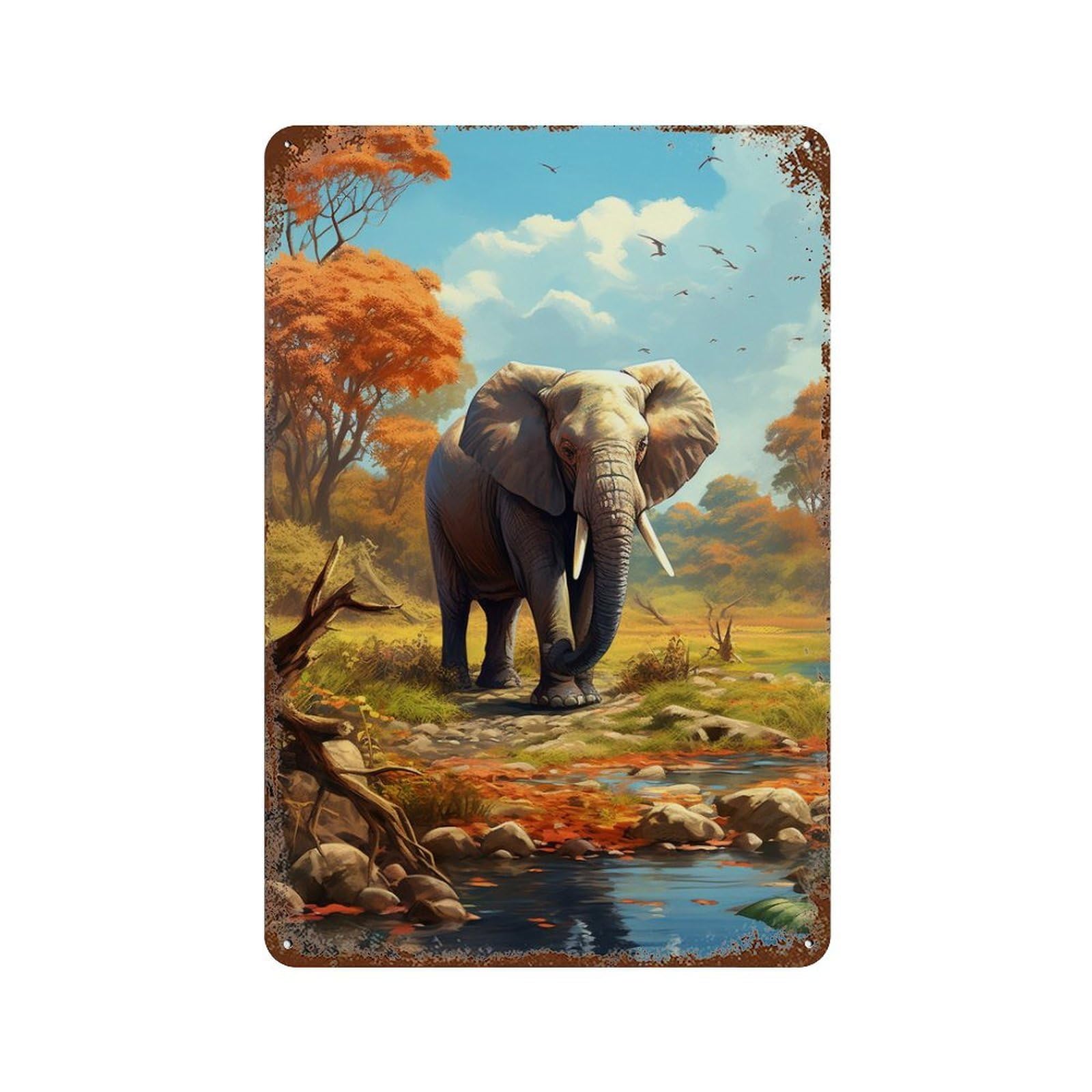 Vintage Rust Metal Sign with Elephant in Autumn Forest Design 11.8"x7.9", for Office, Studio And Wall Decor, Farmhouse Wall Decor