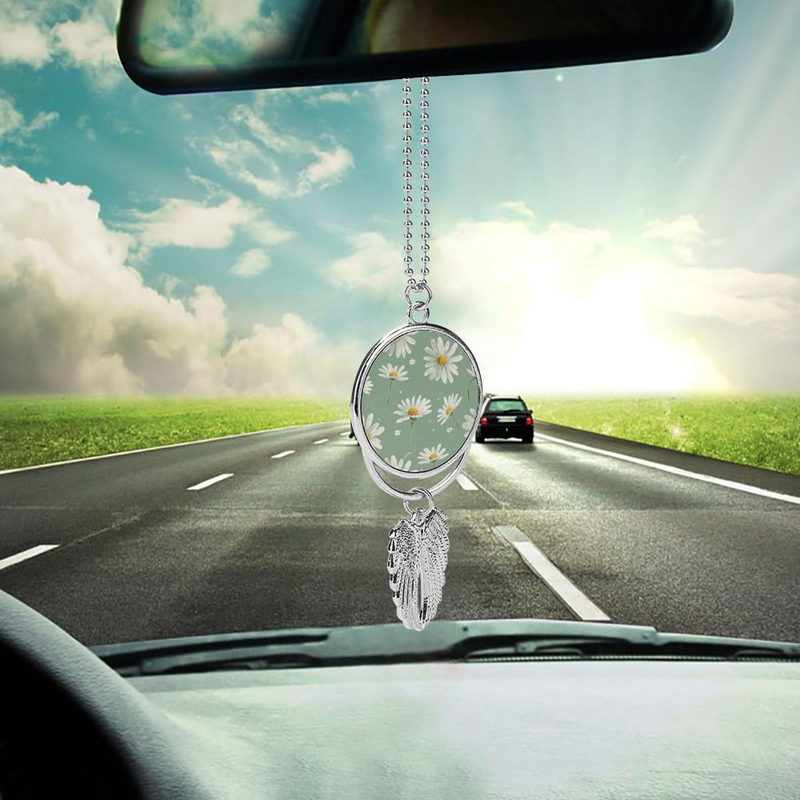 Metal Car Pendant Charms Green Daisy Pattern Car Rear View Mirror Charms Angel Wing Auto Rearview Mirror Hanging Interior Ornament Pendant Car Accessories for Women Men Car Interior Decor