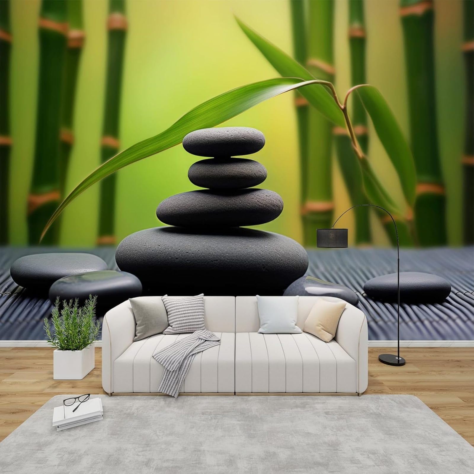 Carta da parati fotografica Zen per camera da letto, motivo 3D pietre giapponesi spa in tessuto non tessuto verde per soggiorno, decorazione murale spirituale per meditazione, carta da parati per came