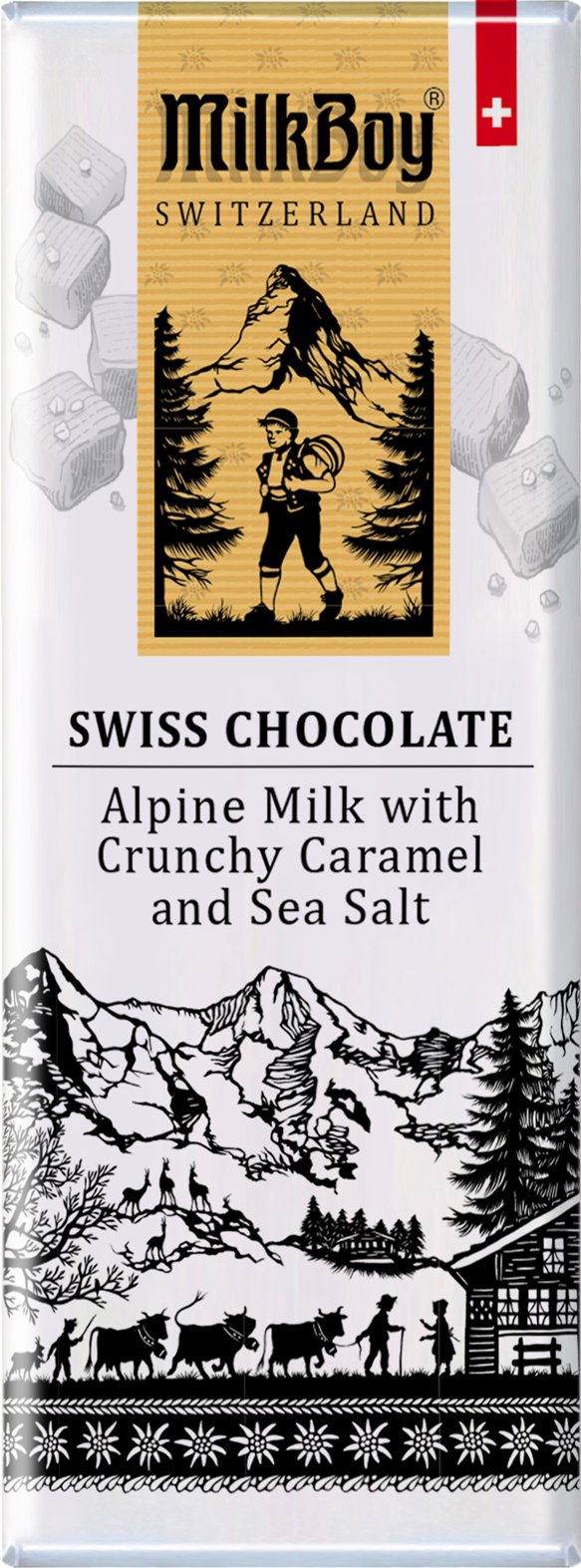 MilkBoy Swiss Chocolate Alpine Milk with Crunchy Caramel and Sea Salt 40g bar, 10 Pack