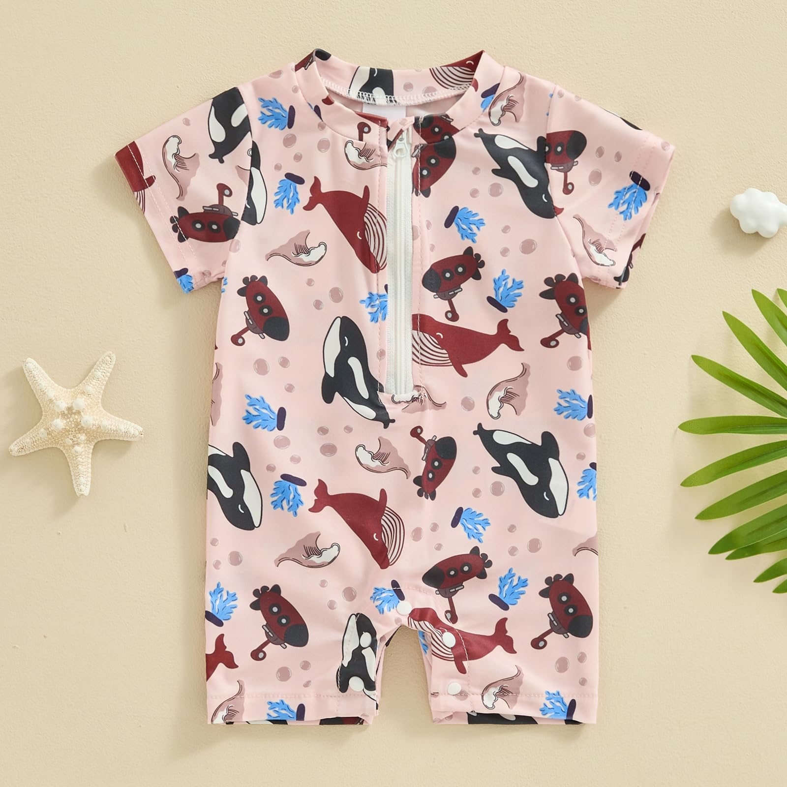 Dcohmch Baby Boy Swimsuit Rashguard Pattern Print One Piece Bathing Suit Toddler Zipper Swimwear 6 9 12 18Months 2T 3T (Brown, 3-4 Years)