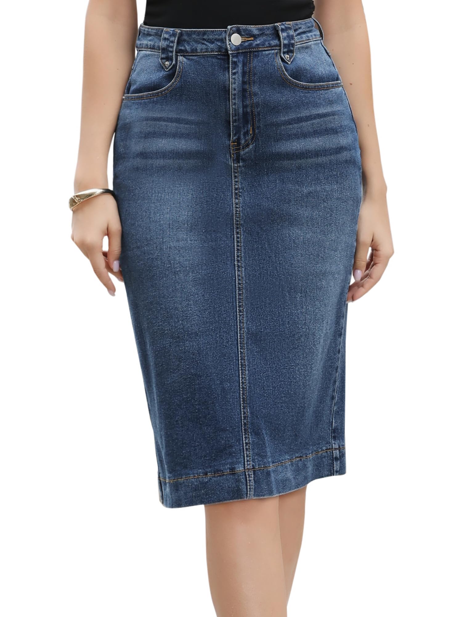 Allegra K Femme Jupe Jean Taille Haute Coupe Crayon Genoux Fente Dos | Fente Dos Taille Haute Longueur Midi Poches Inclinées Denim Délavé Coupe Crayon Tenue Cowgirl