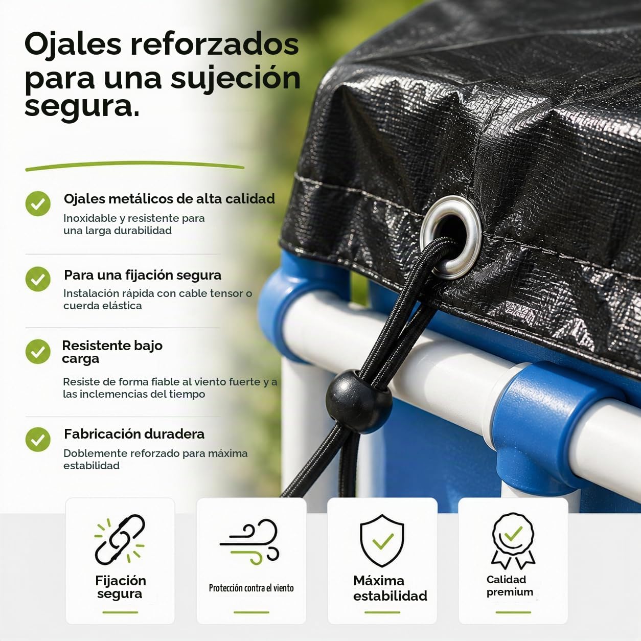 Cubierta de piscina redonda – Lona extra fuerte de 200 g/m² – Cubierta solar resistente a los rayos UV para verano e invierno – Lona de piscina resistente en color negro (366 – 400 cm (Ø 460 cm)