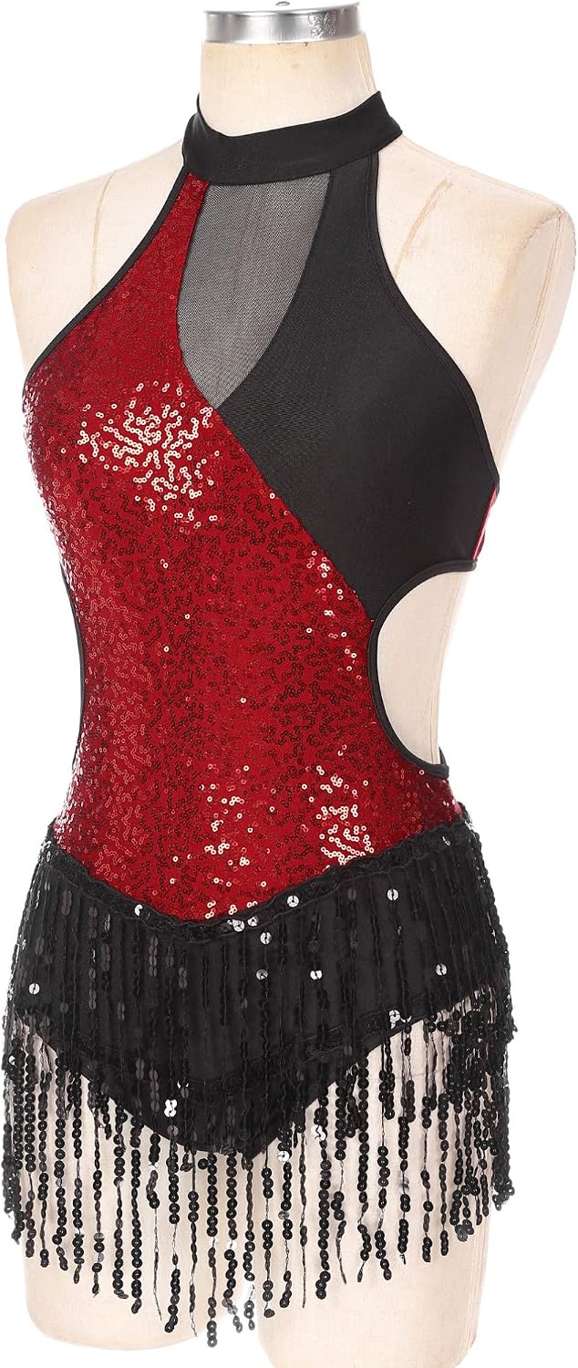 Vxuxlje Women's Latin Dance Dress Sequins Tassel Dress Salsa Cha-Cha Rumba Ballroom Fringe Bodysuit