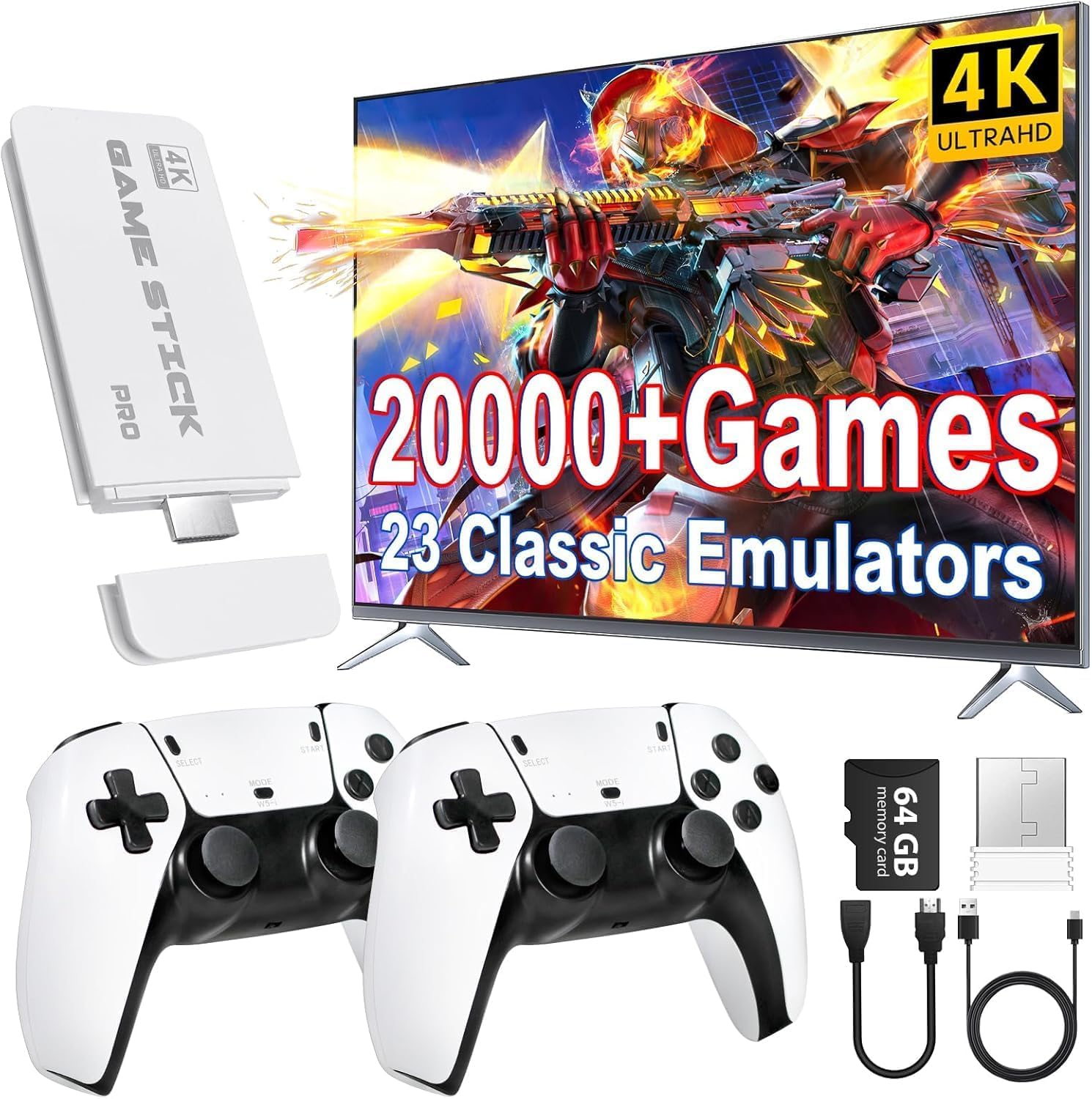 KIDSADDA™ 4K Retro Game Console with 20000+ Games, 23 Classic Emulators, 2 Wireless Controllers, White (Video Game)