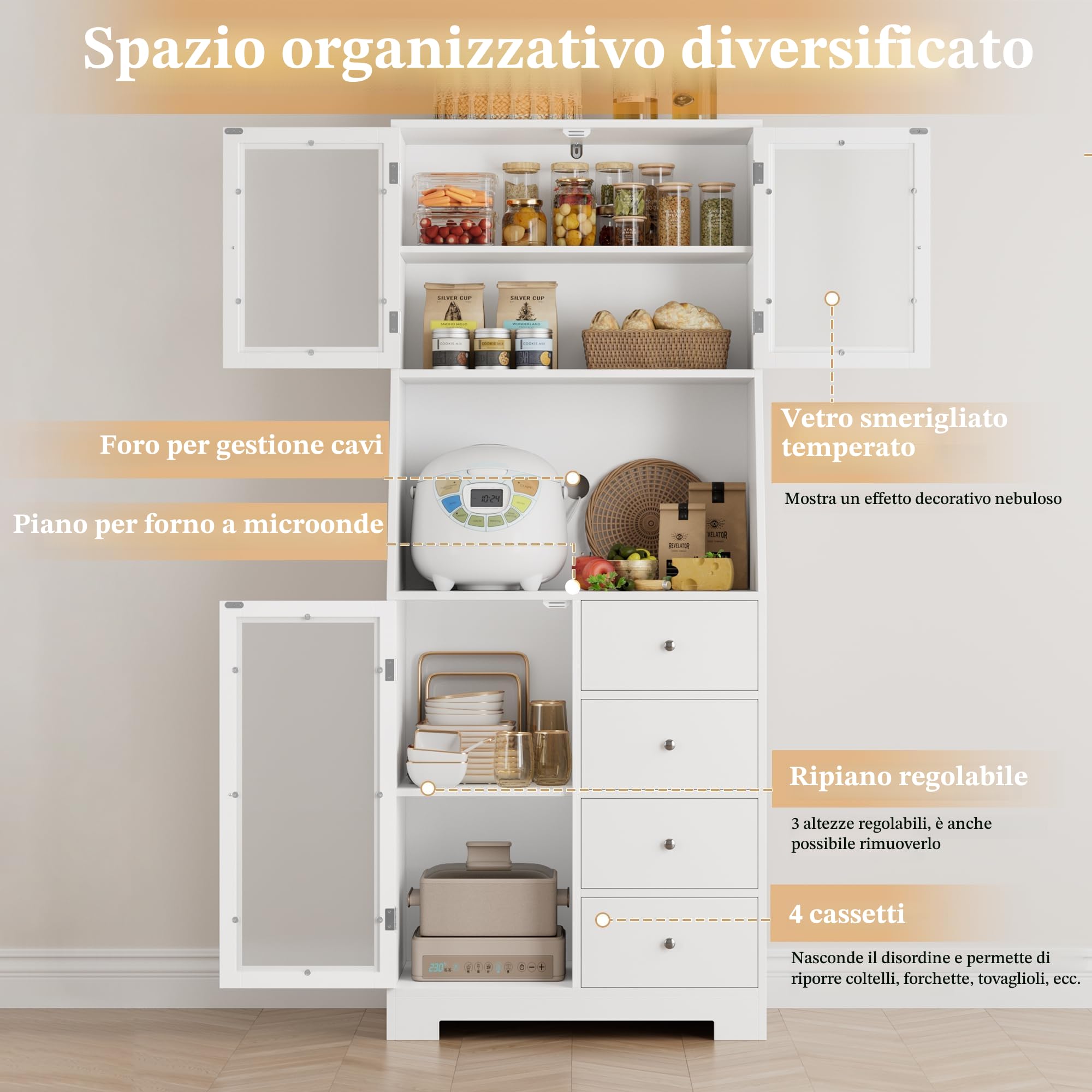 HOCSOK 163cm Credenza Cucina Alta, Dispensa Cucina Mobile Alto con 4 cassetti, Mobile Multiuso con Scaffale per Microonde Per Soggiorno, Sala da Pranzo, Bar, Bianco