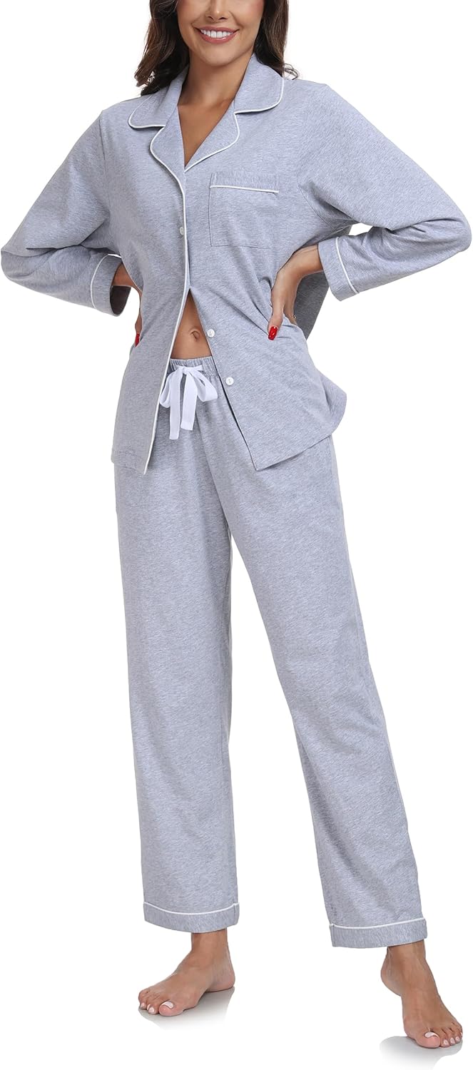 ANLIQI 100% Cotton Pajamas for Women Button Down Pajamas Long Sleeve Top & Pant Sleepwear Loungewear Pj Set with Pockets