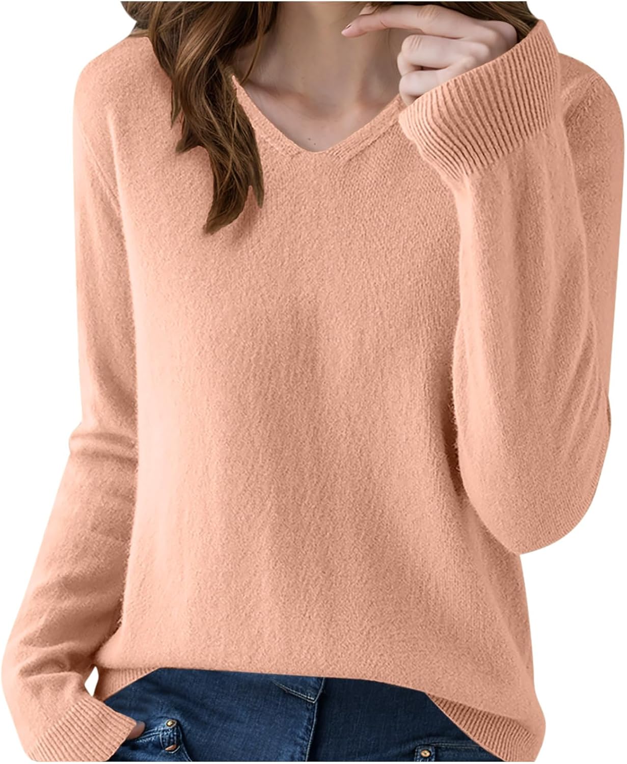 Women's V-Neck Knit Sweaters- Solid Lightweight Long Sleeve Cashmere Sweater for Spring, Autumn, and Indoor Comfort