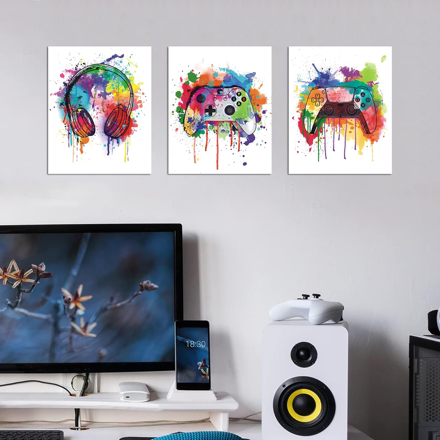 Watercolor Gaming Posters Wall Stckers, Game Room Wall Art Decals, Peel and Stick Removable Gamer Wall Decor for Teen Boys Room Bedroom Playroom PlayStation